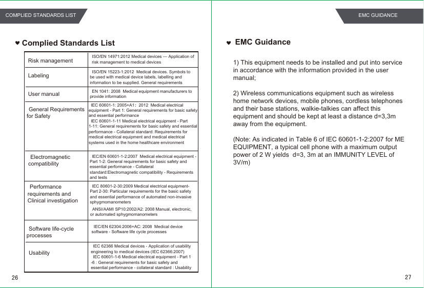 EMC GuidanceComplied Standards List1) This equipment needs to be installed and put into service in accordance with the information provided in the user manual;2) Wireless communications equipment such as wireless home network devices, mobile phones, cordless telephones and their base stations, walkie-talkies can affect this equipment and should be kept at least a distance d=3,3m away from the equipment.(Note: As indicated in Table 6 of IEC 60601-1-2:2007 for ME EQUIPMENT, a typical cell phone with a maximum output power of 2 W yields  d=3, 3m at an IMMUNITY LEVEL of 3V/m)  Risk managementLabelingUser manualGeneral Requirements for SafetyElectromagnetic compatibilityPerformance requirements and Clinical investigationSoftware life-cycle processesISO/EN 14971:2012 Medical devices — Application of risk management to medical devicesISO/EN 15223-1:2012  Medical devices. Symbols to be used with medical device labels, labelling and information to be supplied. General requirementsEN 1041: 2008  Medical equipment manufacturers to provide informationIEC 60601-1: 2005+A1：2012  Medical electrical equipment - Part 1: General requirements for basic safety and essential performanceIEC 60601-1-11 Medical electrical equipment - Part 1-11: General requirements for basic safety and essential performance - Collateral standard: Requirements for medical electrical equipment and medical electrical systems used in the home healthcare environmentIEC/EN 60601-1-2:2007  Medical electrical equipment - Part 1-2: General requirements for basic safety and essential performance - Collateral standard:Electromagnetic compatibility - Requirements and testsIEC 80601-2-30:2009 Medical electrical equipment- Part 2-30: Particular requirements for the basic safety and essential performance of automated non-invasive sphygmomanometersIEC/EN 62304:2006+AC: 2008  Medical device software - Software life cycle processesUsabilityIEC 62366 Medical devices - Application of usability engineering to medical devices (IEC 62366:2007)IEC 60601-1-6 Medical electrical equipment - Part 1 -6 : General requirements for basic safety and essential performance - collateral standard : UsabilityANSI/AAMI SP10:2002/A2: 2008 Manual, electronic, or automated sphygmomanometers26 27EMC GUIDANCECOMPLIED STANDARDS LIST