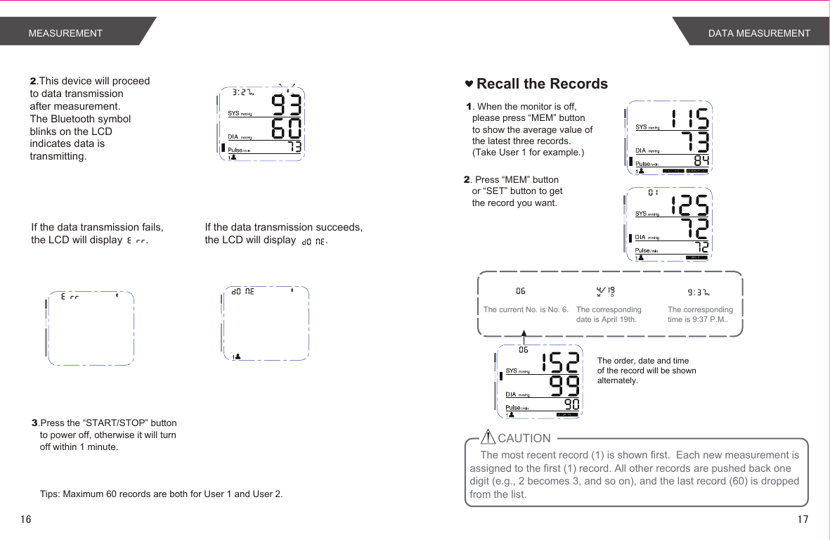 3.Press the “START/STOP” button  to power off, otherwise it will turnoff within 1 minute.If the data transmission fails, the LCD will display        .If the data transmission succeeds, the LCD will display          .2.This device will proceedto data transmissionafter measurement.The Bluetooth symbolblinks on the LCDindicates data istransmitting.Tips: Maximum 60 records are both for User 1 and User 2.Recall the Records1. When the monitor is off, please press “MEM” buttonto show the average value of the latest three records.(Take User 1 for example.)2. Press “MEM” buttonor “SET” button to getthe record you want.The most recent record (1) is shown first.  Each new measurement is assigned to the first (1) record. All other records are pushed back one digit (e.g., 2 becomes 3, and so on), and the last record (60) is dropped from the list.The current No. is No. 6. The corresponding time is 9:37 P.M..The corresponding date is April 19th.CAUTIONThe order, date and time of the record will be shownalternately.  DATA MEASUREMENTMEASUREMENT1716