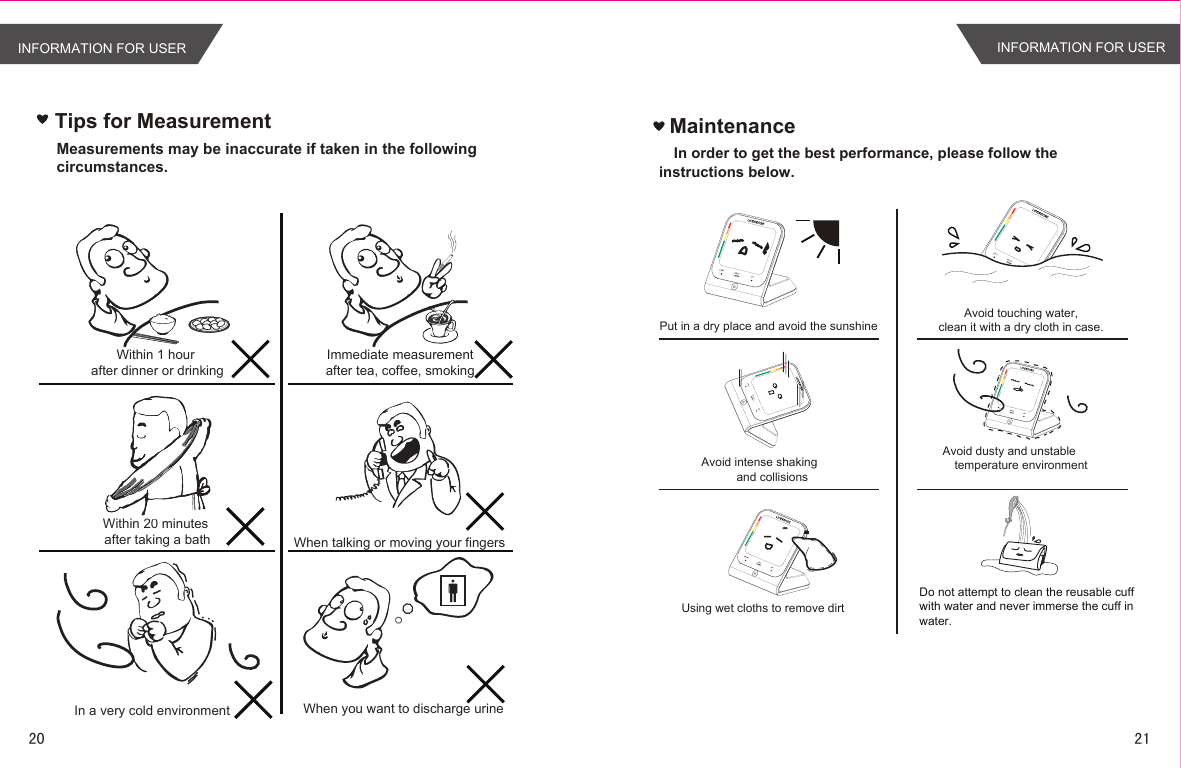 Tips for MeasurementWithin 1 hour after dinner or drinkingWithin 20 minutes after taking a bathIn a very cold environmentImmediate measurement after tea, coffee, smoking When talking or moving your fingersWhen you want to discharge urineMeasurements may be inaccurate if taken in the following circumstances.MaintenanceIn order to get the best performance, please follow the  instructions below.Put in a dry place and avoid the sunshineAvoid intense shakingand collisionsUsing wet cloths to remove dirtAvoid touching water,clean it with a dry cloth in case.Avoid dusty and unstabletemperature environmentDo not attempt to clean the reusable cuff with water and never immerse the cuff in water.MEM SETSTARTSTOPMEM SETSTARTSTOPMEM SETSTARTSTOPMEM SETSTARTSTOPMEM SETSTARTSTOPINFORMATION FOR USER INFORMATION FOR USER2120