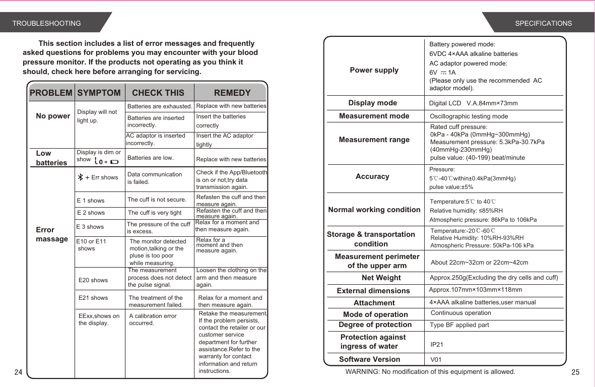     This section includes a list of error messages and frequently  asked questions for problems you may encounter with your blood  pressure monitor. If the products not operating as you think it should, check here before arranging for servicing.About 22cm~32cm or 22cm~42cmType BF applied partWARNING: No modification of this equipment is allowed.Temperature:-20℃-60℃Relative Humidity: 10%RH-93%RHAtmospheric Pressure: 50kPa-106 kPaTemperature:5℃ to 40℃ Relative humidity: ≤85%RHAtmospheric pressure: 86kPa to 106kPaPower supplyBattery powered mode: 6VDC 4×AAA alkaline batteriesAC adaptor powered mode:6V      1A(Please only use the recommended  AC adaptor model). Display modeMeasurement mode Oscillographic testing modeMeasurement rangeMeasurement perimeterof the upper armNet Weight Approx.250g(Excluding the dry cells and cuff)External dimensionsAttachmentMode of operation Continuous operationDegree of protectionProtection against ingress of water IP21AccuracyNormal working conditionStorage &amp; transportationconditionSoftware Version V01Pressure:5℃-40℃within±0.4kPa(3mmHg) pulse value:±5%Rated cuff pressure: 0kPa - 40kPa (0mmHg~300mmHg)Measurement pressure: 5.3kPa-30.7kPa(40mmHg-230mmHg)pulse value: (40-199) beat/minuteDigital LCD   V.A.84mm×73mmApprox.107mm×103mm×118mm4×AAA alkaline batteries,user manual  PROBLEM SYMPTOM CHECK THIS REMEDYNo powerLowbatteriesErrormassageDisplay will not light up.Batteries are exhausted. Replace with new batteriesInsert the batteries correctlyReplace with new batteriesBatteries are insertedincorrectly.Display is dim or show Batteries are low.Err showsThe cuff is not secure. Refasten the cuff and thenmeasure again.E 1 showsE10 or E11 showsE20 showsThe measurement process does not detectthe pulse signal.Loosen the clothing on thearm and then measure again.EExx,shows on the display.A calibration erroroccurred.Retake the measurement.If the problem persists,contact the retailer or ourcustomer service department for further assistance.Refer to the warranty for contact information and return instructions.E21 shows The treatment of themeasurement failed.Relax for a moment andthen measure again.AC adaptor is insertedincorrectly.Insert the AC adaptor tightlyThe monitor detectedmotion,talking or thepluse is too poor while measuring.Relax for a moment and then measure again.Data communication is failed.Check if the App/Bluetoothis on or not,try datatransmission again.E 3 shows The pressure of the cuffis excess.Relax for a moment and then measure again.E 2 shows The cuff is very tight Refasten the cuff and thenmeasure again.TROUBLESHOOTING SPECIFICATIONS24 25