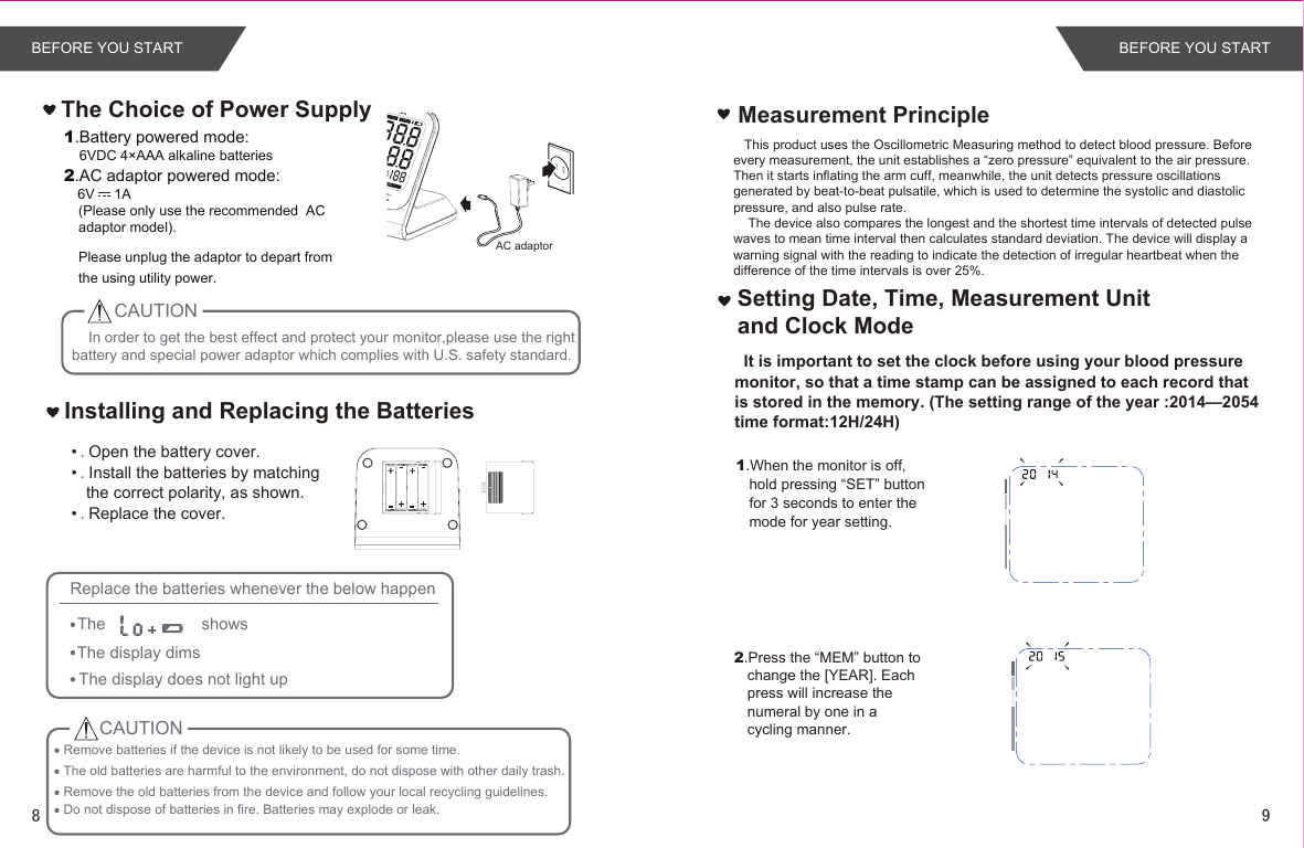 MEMSETSTARTSTOPIn order to get the best effect and protect your monitor,please use the right battery and special power adaptor which complies with U.S. safety standard.•.Open the battery cover.•.Install the batteries by matching the correct polarity, as shown.•.Replace the cover.Installing and Replacing the BatteriesCAUTIONRemove batteries if the device is not likely to be used for some time.The old batteries are harmful to the environment, do not dispose with other daily trash.Remove the old batteries from the device and follow your local recycling guidelines.CAUTIONReplace the batteries whenever the below happenThe                     showsThe display dimsThe display does not light upDo not dispose of batteries in fire. Batteries may explode or leak.AC adaptorThe Choice of Power Supply1.Battery powered mode:    6VDC 4×AAA alkaline batteries2.AC adaptor powered mode:   6V     1A(Please only use the recommended  AC adaptor model). Please unplug the adaptor to depart fromthe using utility power.Measurement Principle  It is important to set the clock before using your blood pressure monitor, so that a time stamp can be assigned to each record that  is stored in the memory. (The setting range of the year :2014—2054 time format:12H/24H)1.When the monitor is off, hold pressing “SET” buttonfor 3 seconds to enter the mode for year setting.2.Press the “MEM” button to change the [YEAR]. Each press will increase the numeral by one in acycling manner.   This product uses the Oscillometric Measuring method to detect blood pressure. Before every measurement, the unit establishes a “zero pressure” equivalent to the air pressure. Then it starts inflating the arm cuff, meanwhile, the unit detects pressure oscillations generated by beat-to-beat pulsatile, which is used to determine the systolic and diastolic pressure, and also pulse rate.    The device also compares the longest and the shortest time intervals of detected pulse waves to mean time interval then calculates standard deviation. The device will display a warning signal with the reading to indicate the detection of irregular heartbeat when the difference of the time intervals is over 25%.Setting Date, Time, Measurement Unitand Clock ModeBEFORE YOU START BEFORE YOU START98
