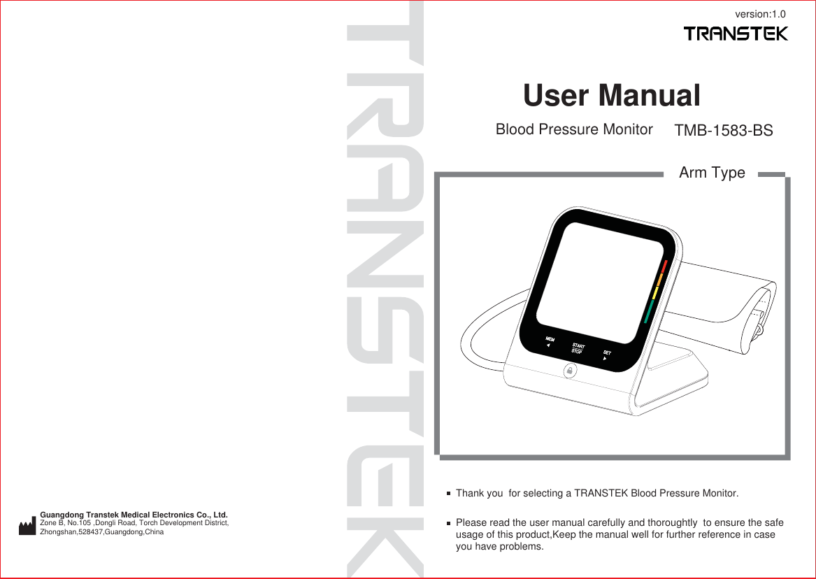 Page 1 of Transtek Medical Electronics TMB1583BS Blood Pressure Monitor User Manual TMB 1490 BT  CE                    2015 1 7       