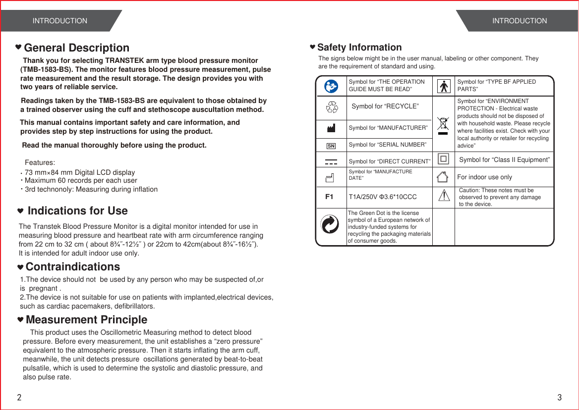 Page 3 of Transtek Medical Electronics TMB1583BS Blood Pressure Monitor User Manual TMB 1490 BT  CE                    2015 1 7       