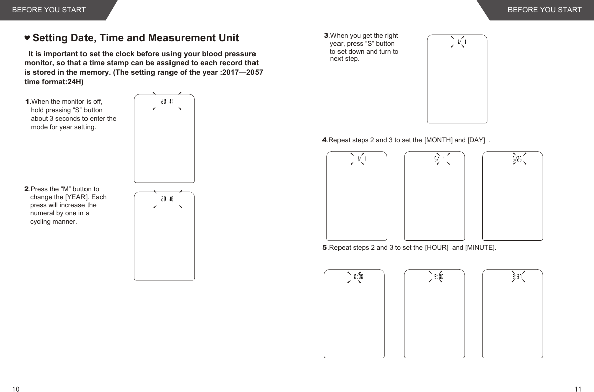 Setting Date, Time and Measurement Unit  It is important to set the clock before using your blood pressure monitor, so that a time stamp can be assigned to each record that  is stored in the memory. (The setting range of the year :2017—2057 time format:24H)1.When the monitor is off, hold pressing “S” buttonabout 3 seconds to enter the mode for year setting.2.Press the “M” button to change the [YEAR]. Each press will increase the numeral by one in acycling manner.4.Repeat steps 2 and 3 to set the [MONTH] and [DAY]  . .Repeat steps 2 and 3 to set the [HOUR]  and [MINUTE]. 53.When you get the right year, press “S” button to set down and turn to next step. 1110BEFORE YOU START BEFORE YOU START