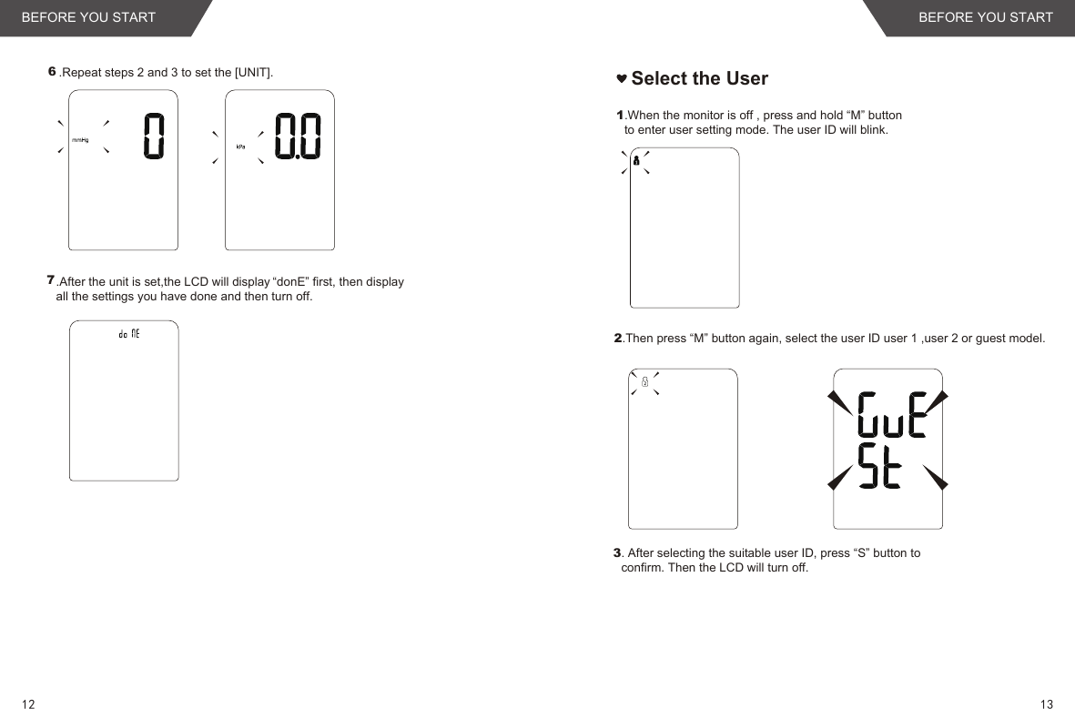 1312BEFORE YOU START BEFORE YOU START.After the unit is set,the LCD will display “donE” first, then displayall the settings you have done and then turn off.7.Repeat steps 2 and 3 to set the [UNIT].6Select the User1.When the monitor is off , press and hold “M” button to enter user setting mode. The user ID will blink.2.Then press “M” button again, select the user ID user 1 ,user 2 or guest model.3. After selecting the suitable user ID, press “S” button to confirm. Then the LCD will turn off.