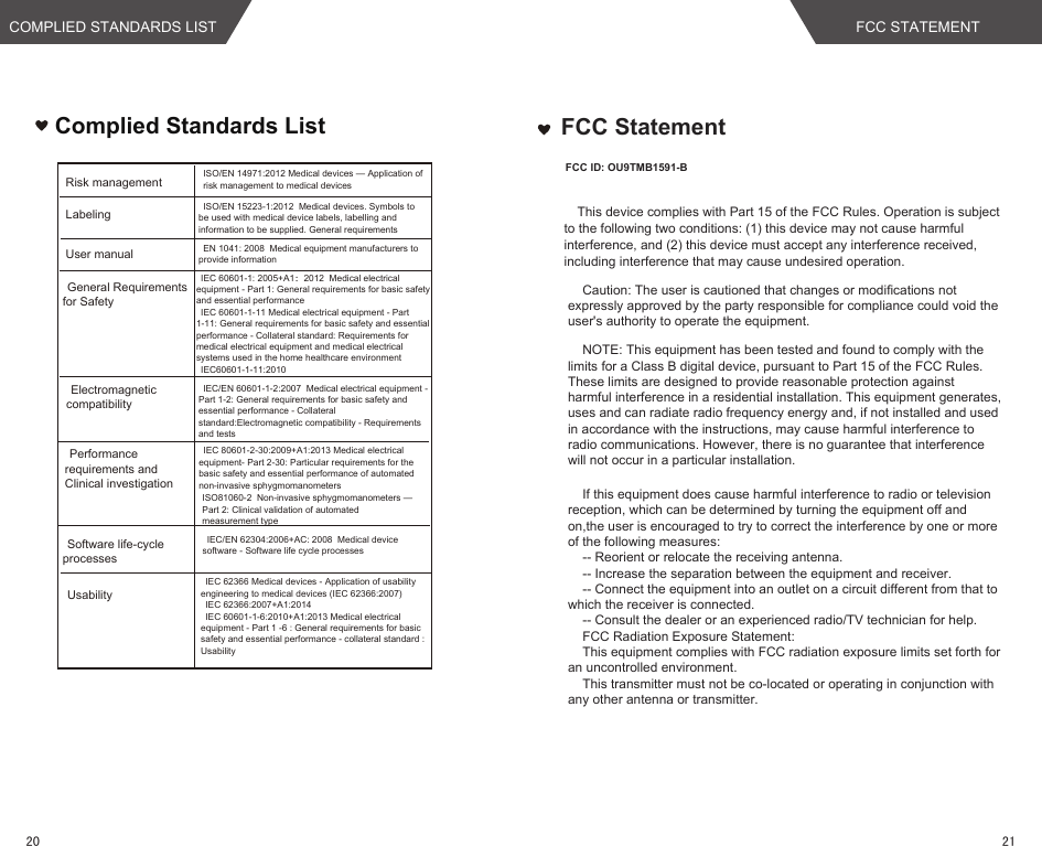 Complied Standards List FCC StatementThis device complies with Part 15 of the FCC Rules. Operation is subject to the following two conditions: (1) this device may not cause harmful interference, and (2) this device must accept any interference received, including interference that may cause undesired operation.    Caution: The user is cautioned that changes or modifications not expressly approved by the party responsible for compliance could void the user&apos;s authority to operate the equipment.     NOTE: This equipment has been tested and found to comply with the limits for a Class B digital device, pursuant to Part 15 of the FCC Rules. These limits are designed to provide reasonable protection against harmful interference in a residential installation. This equipment generates, uses and can radiate radio frequency energy and, if not installed and used in accordance with the instructions, may cause harmful interference to radio communications. However, there is no guarantee that interference will not occur in a particular installation.     If this equipment does cause harmful interference to radio or television reception, which can be determined by turning the equipment off and on,the user is encouraged to try to correct the interference by one or more of the following measures:    -- Reorient or relocate the receiving antenna.    -- Increase the separation between the equipment and receiver.     -- Connect the equipment into an outlet on a circuit different from that to which the receiver is connected.     -- Consult the dealer or an experienced radio/TV technician for help.     FCC Radiation Exposure Statement:    This equipment complies with FCC radiation exposure limits set forth for an uncontrolled environment.      This transmitter must not be co-located or operating in conjunction with any other antenna or transmitter. FCC ID: OU9TMB1591-BRisk managementLabelingUser manualGeneral Requirements for SafetyElectromagnetic compatibilityPerformance requirements and Clinical investigationSoftware life-cycle processesISO/EN 14971:2012 Medical devices — Application of risk management to medical devicesISO/EN 15223-1:2012  Medical devices. Symbols to be used with medical device labels, labelling and information to be supplied. General requirementsEN 1041: 2008  Medical equipment manufacturers to provide informationIEC 60601-1: 2005+A1：2012  Medical electrical equipment - Part 1: General requirements for basic safety and essential performanceIEC 60601-1-11 Medical electrical equipment - Part 1-11: General requirements for basic safety and essential performance - Collateral standard: Requirements for medical electrical equipment and medical electrical systems used in the home healthcare environmentIEC60601-1-11:2010IEC/EN 60601-1-2:2007  Medical electrical equipment - Part 1-2: General requirements for basic safety and essential performance - Collateral standard:Electromagnetic compatibility - Requirements and testsIEC 80601-2-30:2009+A1:2013 Medical electrical equipment- Part 2-30: Particular requirements for the basic safety and essential performance of automated non-invasive sphygmomanometersIEC/EN 62304:2006+AC: 2008  Medical device software - Software life cycle processesUsabilityIEC 62366 Medical devices - Application of usability engineering to medical devices (IEC 62366:2007)IEC 62366:2007+A1:2014IEC 60601-1-6:2010+A1:2013 Medical electrical equipment - Part 1 -6 : General requirements for basic safety and essential performance - collateral standard : UsabilityISO81060-2  Non-invasive sphygmomanometers —Part 2: Clinical validation of automatedmeasurement typeCOMPLIED STANDARDS LIST FCC STATEMENT2120