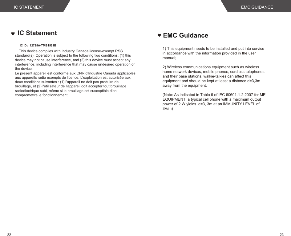 EMC Guidance1) This equipment needs to be installed and put into service in accordance with the information provided in the user manual;2) Wireless communications equipment such as wireless home network devices, mobile phones, cordless telephones and their base stations, walkie-talkies can affect this equipment and should be kept at least a distance d=3,3m away from the equipment.(Note: As indicated in Table 6 of IEC 60601-1-2:2007 for ME EQUIPMENT, a typical cell phone with a maximum output power of 2 W yields  d=3, 3m at an IMMUNITY LEVEL of 3V/m)  IC Statement    This device complies with Industry Canada license-exempt RSS standard(s). Operation is subject to the following two conditions: (1) this device may not cause interference, and (2) this device must accept any interference, including interference that may cause undesired operation of the device.Le présent appareil est conforme aux CNR d&apos;Industrie Canada applicables aux appareils radio exempts de licence. L&apos;exploitation est autorisée aux deux conditions suivantes : (1) l&apos;appareil ne doit pas produire de brouillage, et (2) l&apos;utilisateur de l&apos;appareil doit accepter tout brouillage radioélectrique subi, même si le brouillage est susceptible d&apos;en compromettre le fonctionnement.IC ID：12725A-TMB1591BIC STATEMENT EMC GUIDANCE2322