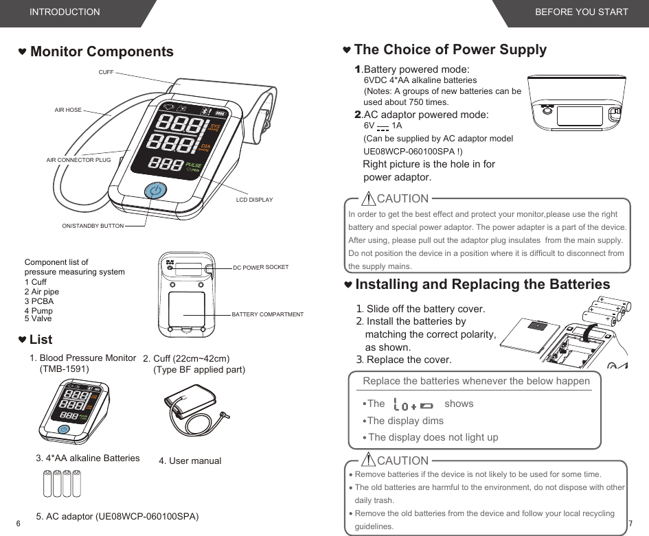 Component list of pressure measuring system1 Cuff 2 Air pipe3 PCBA4 Pump5 ValveMonitor ComponentsBATTERY COMPARTMENTON/STANDBY BUTTONLCD DISPLAY AIR HOSEAIR CONNECTOR PLUGCUFFList1. Blood Pressure Monitor    (TMB-1591)4. User manual3. 4*AA alkaline Batteries2. Cuff (22cm~42cm)    (Type BF applied part)5. AC adaptor (UE08WCP-060100SPA)DC POWER SOCKETThe Choice of Power SupplyIn order to get the best effect and protect your monitor,please use the right battery and special power adaptor. The power adapter is a part of the device. After using, please pull out the adaptor plug insulates  from the main supply. Do not position the device in a position where it is difficult to disconnect from the supply mains. １.Slide off the battery cover.２.Install the batteries by matching the correct polarity, as shown.３.Replace the cover.1.Battery powered mode:    6VDC 4*AA alkaline batteries    (Notes: A groups of new batteries can be used about 750 times.2.AC adaptor powered mode:    6V       1A(Can be supplied by AC adaptor model UE08WCP-060100SPA !)   Right picture is the hole in for power adaptor.Installing and Replacing the BatteriesCAUTIONRemove batteries if the device is not likely to be used for some time.The old batteries are harmful to the environment, do not dispose with other daily trash.Remove the old batteries from the device and follow your local recycling guidelines.CAUTIONReplace the batteries whenever the below happenThe                     showsThe display dimsThe display does not light upINTRODUCTION BEFORE YOU START76