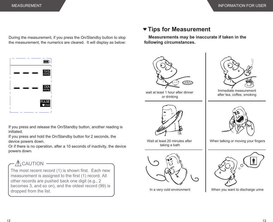 Tips for Measurementwait at least 1 hour after dinner or drinkingWait at least 20 minutes after taking a bathIn a very cold environmentImmediate measurement after tea, coffee, smoking When talking or moving your fingersWhen you want to discharge urineMeasurements may be inaccurate if taken in the following circumstances.During the measurement, if you press the On/Standby button to stop the measurement, the numerics are cleared.  It will display as below:If you press and release the On/Standby button, another reading is initiated.If you press and hold the On/Standby button for 2 seconds, the device powers down.Or if there is no operation, after a 10 seconds of inactivity, the device powers down.MEASUREMENT INFORMATION FOR USER1312The most recent record (1) is shown first.  Each new measurement is assigned to the first (1) record. All other records are pushed back one digit (e.g., 2 becomes 3, and so on), and the oldest record (99) is dropped from the list.   CAUTION