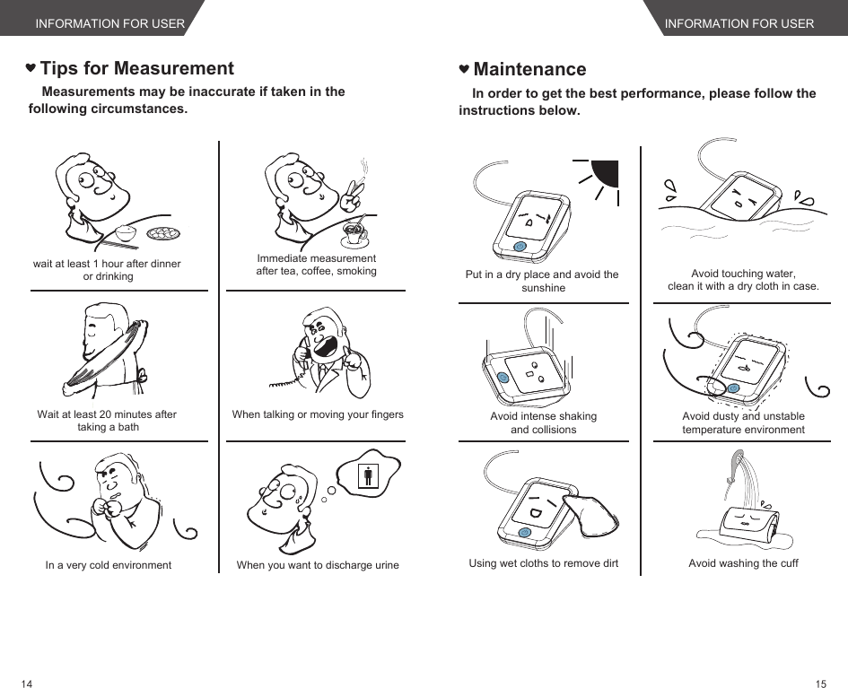 Tips for Measurementwait at least 1 hour after dinner or drinkingWait at least 20 minutes after taking a bathIn a very cold environmentImmediate measurement after tea, coffee, smoking When talking or moving your fingersWhen you want to discharge urineMeasurements may be inaccurate if taken in the following circumstances.MaintenanceIn order to get the best performance, please follow the instructions below.Put in a dry place and avoid the sunshineAvoid intense shakingand collisionsUsing wet cloths to remove dirtAvoid touching water,clean it with a dry cloth in case.Avoid dusty and unstabletemperature environmentAvoid washing the cuffINFORMATION FOR USER INFORMATION FOR USER1514