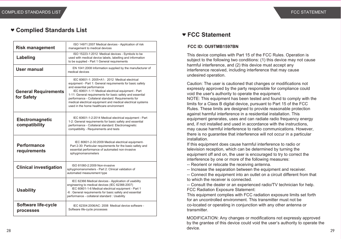 Complied Standards List FCC StatementThis device complies with Part 15 of the FCC Rules. Operation is subject to the following two conditions: (1) this device may not cause harmful interference, and (2) this device must accept any interference received, including interference that may cause undesired operation.Caution: The user is cautioned that changes or modifications not expressly approved by the party responsible for compliance could void the user&apos;s authority to operate the equipment.NOTE: This equipment has been tested and found to comply with the limits for a Class B digital device, pursuant to Part 15 of the FCC Rules. These limits are designed to provide reasonable protection against harmful interference in a residential installation. This equipment generates, uses and can radiate radio frequency energy and, if not installed and used in accordance with the instructions, may cause harmful interference to radio communications. However, there is no guarantee that interference will not occur in a particular installation. If this equipment does cause harmful interference to radio or television reception, which can be determined by turning the equipment off and on, the user is encouraged to try to correct the interference by one or more of the following measures:-- Reorient or relocate the receiving antenna.-- Increase the separation between the equipment and receiver.-- Connect the equipment into an outlet on a circuit different from that to which the receiver is connected. -- Consult the dealer or an experienced radio/TV technician for help.FCC Radiation Exposure Statement:This equipment complies with FCC radiation exposure limits set forth for an uncontrolled environment. This transmitter must not be co-located or operating in conjunction with any other antenna or transmitter.      FCC ID: OU9TMB1597BNISO 14971:2007 Medical devices - Application of risk management to medical devicesEN 1041:2008 Information supplied by the manufacturer of medical devicesIEC 60601-1-2:2014 Medical electrical equipment - Part 1-2: General requirements for basic safety and essential performance - Collateral standard: Electromagnetic compatibility - Requirements and testsIEC 62304:2006/AC: 2008  Medical device software - Software life-cycle processesRisk managementLabelingUser manualGeneral Requirements for SafetyElectromagneticcompatibilityPerformancerequirementsClinical investigationUsabilitySoftware life-cycle processesISO 15223-1:2012  Medical devices - Symbols to be used with medical device labels, labelling and information to be supplied - Part 1 General requirementsIEC 60601-1: 2005+A1：2012  Medical electrical equipment - Part 1: General requirements for basic safety and essential performanceIEC 60601-1-11 Medical electrical equipment - Part 1-11: General requirements for basic safety and essential performance - Collateral standard: Requirements for medical electrical equipment and medical electrical systems used in the home healthcare environmentIEC 80601-2-30:2009 Medical electrical equipment- Part 2-30: Particular requirements for the basic safety and essential performance of automated non-invasive sphygmomanometersIEC 62366 Medical devices - Application of usability engineering to medical devices (IEC 62366:2007)IEC 60601-1-6 Medical electrical equipment - Part 1 -6 : General requirements for basic safety and essential performance - collateral standard : UsabilityISO 81060-2:2009 Non-invasive sphygmomanometers - Part 2: Clinical validation of automated measurement typeMODIFICATION: Any changes or modifications not expressly approved by the grantee of this device could void the user’s authority to operate the device.28 29COMPLIED STANDARDS LIST FCC STATEMENT