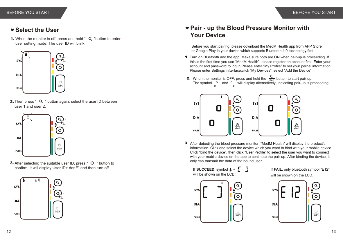 Select the User1.2.3.When the monitor is off, press and hold “        ”button to enter user setting mode. The user ID will blink.Then press “        ” button again, select the user ID between user 1 and user 2.After selecting the suitable user ID, press “        ” button to confirm. It will display User ID+ donE” and then turn off.1.2.If SUCCEED, symbol     +          will be shown on the LCD.If FAIL, only bluetooth symbol “E12”will be shown on the LCD.3.Pair - up the Blood Pressure Monitor with Your DeviceBefore you start pairing, please download the MedM Health app from APP Store or Google Play in your device which supports Bluetooth 4.0 technology first.Turn on Bluetooth and the app. Make sure both are ON when pair-up is proceeding. If this is the first time you use “MedM Health”, please register an account first. Enter your account and password to log in.Please enter “My Profile” to set your pernal information. Please enter Settings infterface,click “My Devices”, select “Add the Device”.When the monitor is OFF, press and hold the          button to start pair-up. The symbol          and         will display alternatively, indicating pair-up is proceeding. After detecting the blood pressure monitor, “MedM Health” will display the product’s information. Click and select the device which you want to bind with your mobile device. Click “bind the device”, then click “User Profile” to select the user you want to connect with your mobile device on the app to continute the pair-up. After binding the device, it only can transmit the data of the bound user.1312BEFORE YOU START BEFORE YOU START