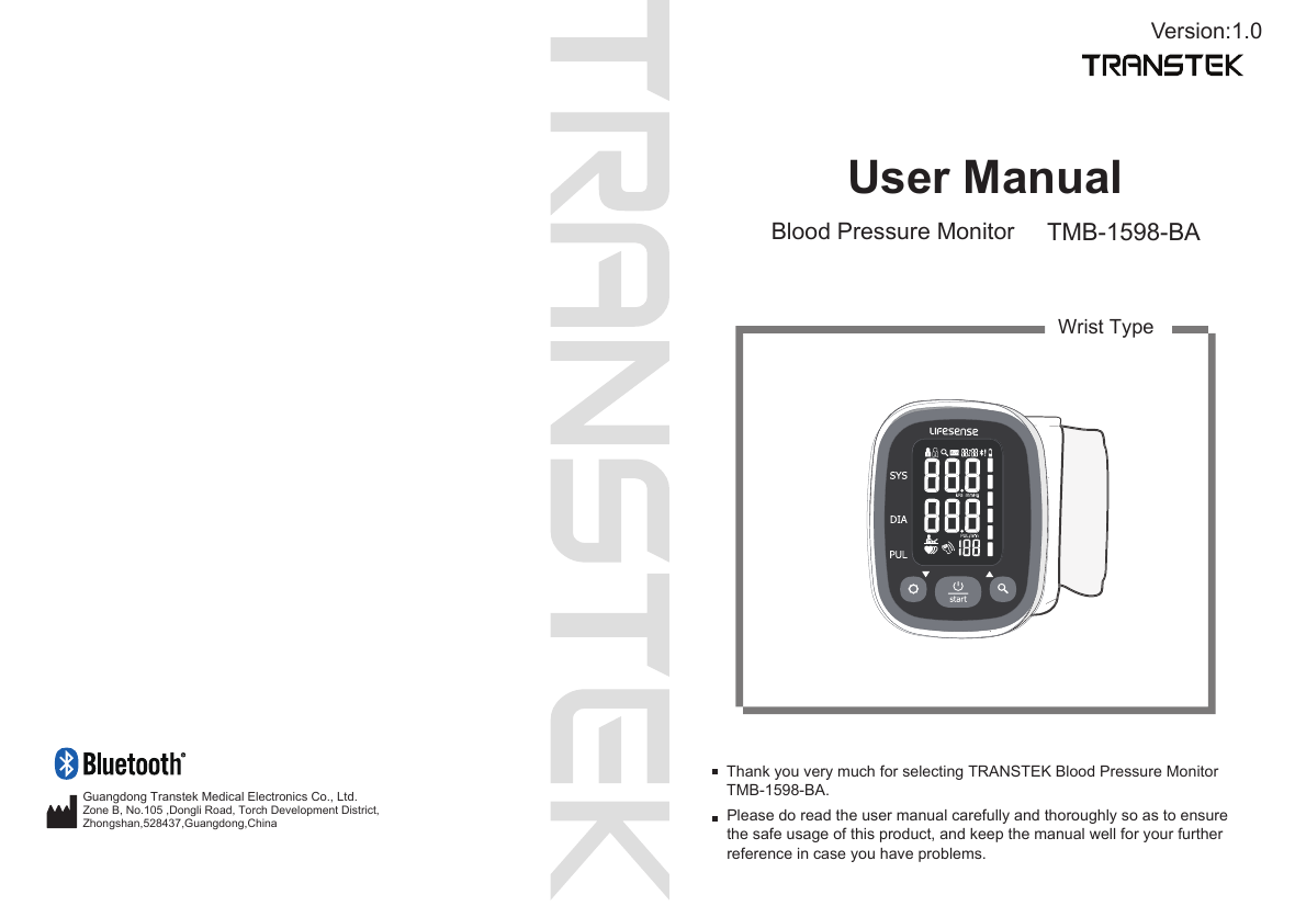 Page 1 of Transtek Medical Electronics TMB1598-B Bluetooth Blood Pressure Monitor User Manual
