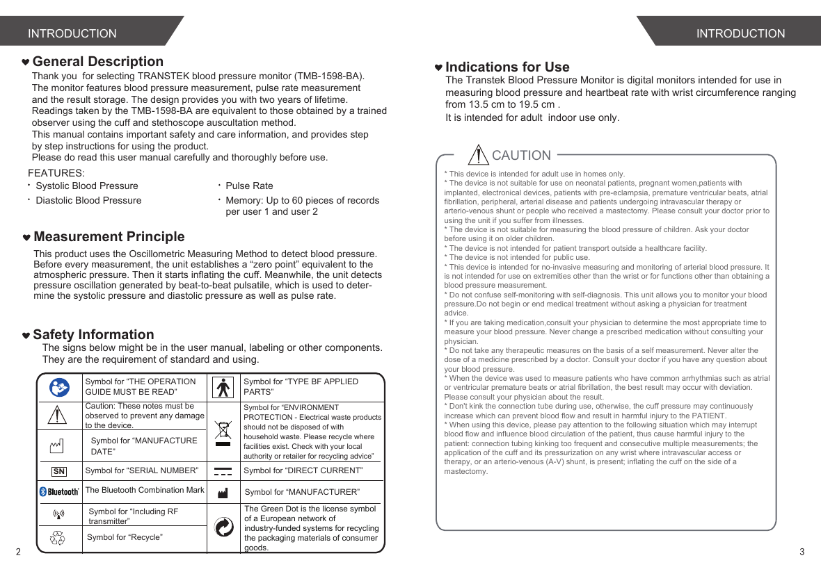 Page 3 of Transtek Medical Electronics TMB1598-B Bluetooth Blood Pressure Monitor User Manual