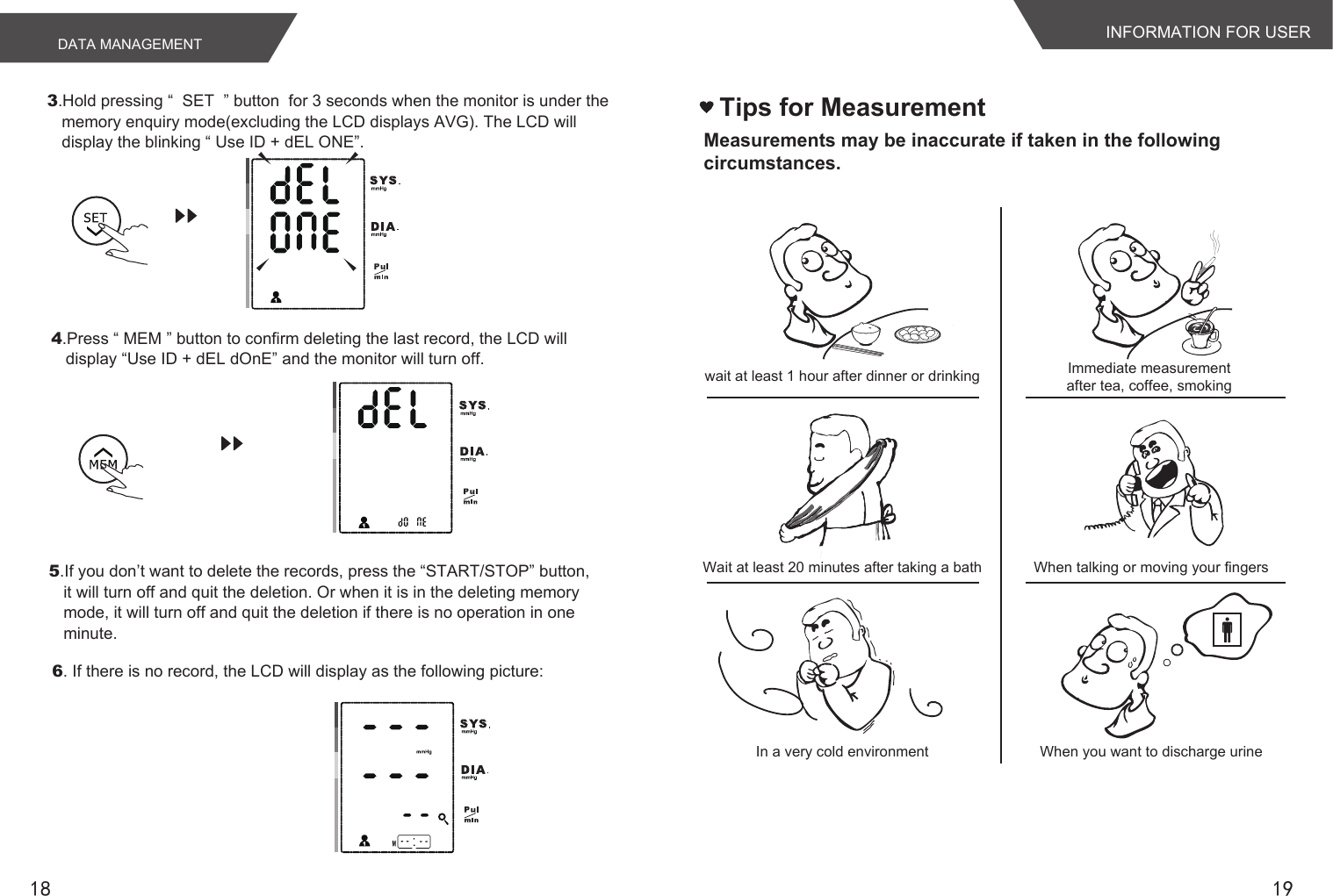 19185.If you don’t want to delete the records, press the “START/STOP” button, it will turn off and quit the deletion. Or when it is in the deleting memory mode, it will turn off and quit the deletion if there is no operation in one minute.  6. If there is no record, the LCD will display as the following picture:Tips for Measurementwait at least 1 hour after dinner or drinkingWait at least 20 minutes after taking a bathIn a very cold environmentImmediate measurement after tea, coffee, smoking When talking or moving your fingersWhen you want to discharge urineMeasurements may be inaccurate if taken in the following circumstances.INFORMATION FOR USERDATA MANAGEMENT3.Hold pressing “  SET  ” button  for 3 seconds when the monitor is under the memory enquiry mode(excluding the LCD displays AVG). The LCD will display the blinking “ Use ID + dEL ONE”.4.Press “ MEM ” button to confirm deleting the last record, the LCD will display “Use ID + dEL dOnE” and the monitor will turn off.