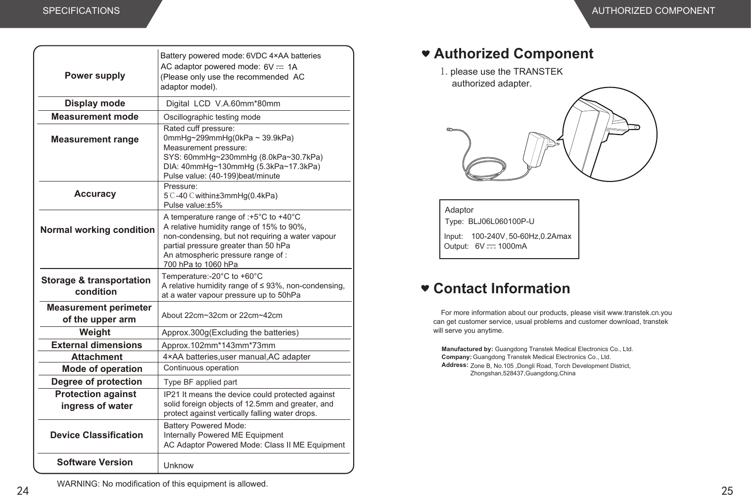 Authorized Component1.please use the TRANSTEK authorized adapter.Contact InformationFor more information about our products, please visit www.transtek.cn.you can get customer service, usual problems and customer download, transtek will serve you anytime.24 25Manufactured by:Company:Address:Guangdong Transtek Medical Electronics Co., Ltd.Zone B, No.105 ,Dongli Road, Torch Development District, Zhongshan,528437,Guangdong,China  Guangdong Transtek Medical Electronics Co., Ltd.AUTHORIZED COMPONENTDigital  LCD  V.A.60mm*80mmApprox.300g(Excluding the batteries)Approx.102mm*143mm*73mmSPECIFICATIONS6VDC 4×AA batteriesUnknow4×AA batteries,user manual,AC adapter  6V      1ABattery powered mode: AC adaptor powered mode:(Please only use the recommended  AC adaptor model). About 22cm~32cm or 22cm~42cmType BF applied partWARNING: No modification of this equipment is allowed.Power supplyDisplay modeMeasurement mode Oscillographic testing modeMeasurement rangeMeasurement perimeterof the upper armWeightExternal dimensionsAttachmentMode of operation Continuous operationDegree of protectionProtection against ingress of waterAccuracyNormal working conditionStorage &amp; transportationconditionSoftware VersionPressure:5℃-40℃within±3mmHg(0.4kPa) Pulse value:±5%Rated cuff pressure: 0mmHg~299mmHg(0kPa ~ 39.9kPa)Measurement pressure: SYS: 60mmHg~230mmHg (8.0kPa~30.7kPa) DIA: 40mmHg~130mmHg (5.3kPa~17.3kPa)Pulse value: (40-199)beat/minuteIP21 It means the device could protected against solid foreign objects of 12.5mm and greater, and protect against vertically falling water drops.Device ClassificationBattery Powered Mode: Internally Powered ME EquipmentAC Adaptor Powered Mode: Class II ME EquipmentA temperature range of :+5°C to +40°C A relative humidity range of 15% to 90%, non-condensing, but not requiring a water vapour partial pressure greater than 50 hPaAn atmospheric pressure range of : 700 hPa to 1060 hPaTemperature:-20°C to +60°CA relative humidity range of ≤ 93%, non-condensing, at a water vapour pressure up to 50hPaBLJ06L060100P-U100-240V 50-60Hz,0.2Amax6V      1000mAAdaptorType:Input:Output: