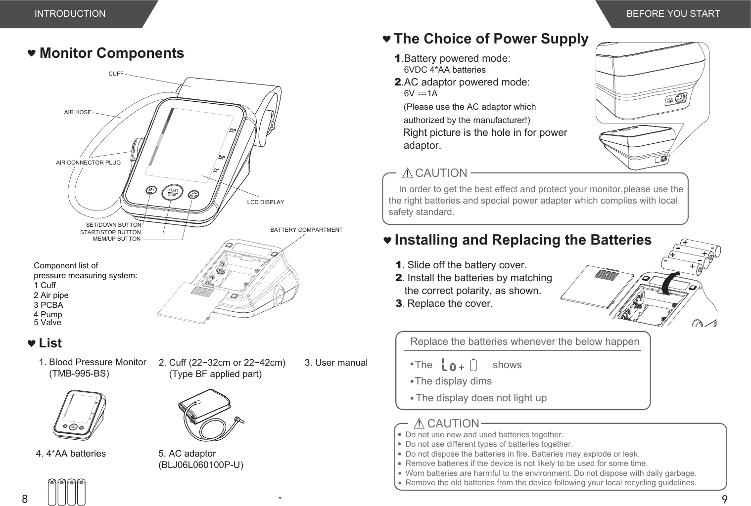 STARTSTOP98Component list of pressure measuring system:1 Cuff 2 Air pipe3 PCBA4 Pump5 ValveMonitor ComponentsBATTERY COMPARTMENTLCD DISPLAY AIR HOSEAIR CONNECTOR PLUGCUFFList1. Blood Pressure Monitor    (TMB-995-BS)3. User manual4. 4*AA batteries2. Cuff (22~32cm or 22~42cm)    (Type BF applied part)5. AC adaptor (BLJ06L060100P-U)The Choice of Power Supply1.Slide off the battery cover.2.Install the batteries by matching the correct polarity, as shown.3.Replace the cover.1.Battery powered mode:    6VDC 4*AA batteries2.AC adaptor powered mode:    6V     1A(Please use the AC adaptor which authorized by the manufacturer!)   Right picture is the hole in for power adaptor.Installing and Replacing the BatteriesReplace the batteries whenever the below happenThe                     showsThe display dimsThe display does not light upBEFORE YOU STARTINTRODUCTIONIn order to get the best effect and protect your monitor,please use the the right batteries and special power adapter which complies with local safety standard.CAUTIONCAUTIONDo not use new and used batteries together. Do not use different types of batteries together.Do not dispose the batteries in fire. Batteries may explode or leak.Remove batteries if the device is not likely to be used for some time.Worn batteries are harmful to the environment. Do not dispose with daily garbage.Remove the old batteries from the device following your local recycling guidelines.STARTSTOPMEM/UP BUTTONSTART/STOP BUTTONSET/DOWN BUTTON