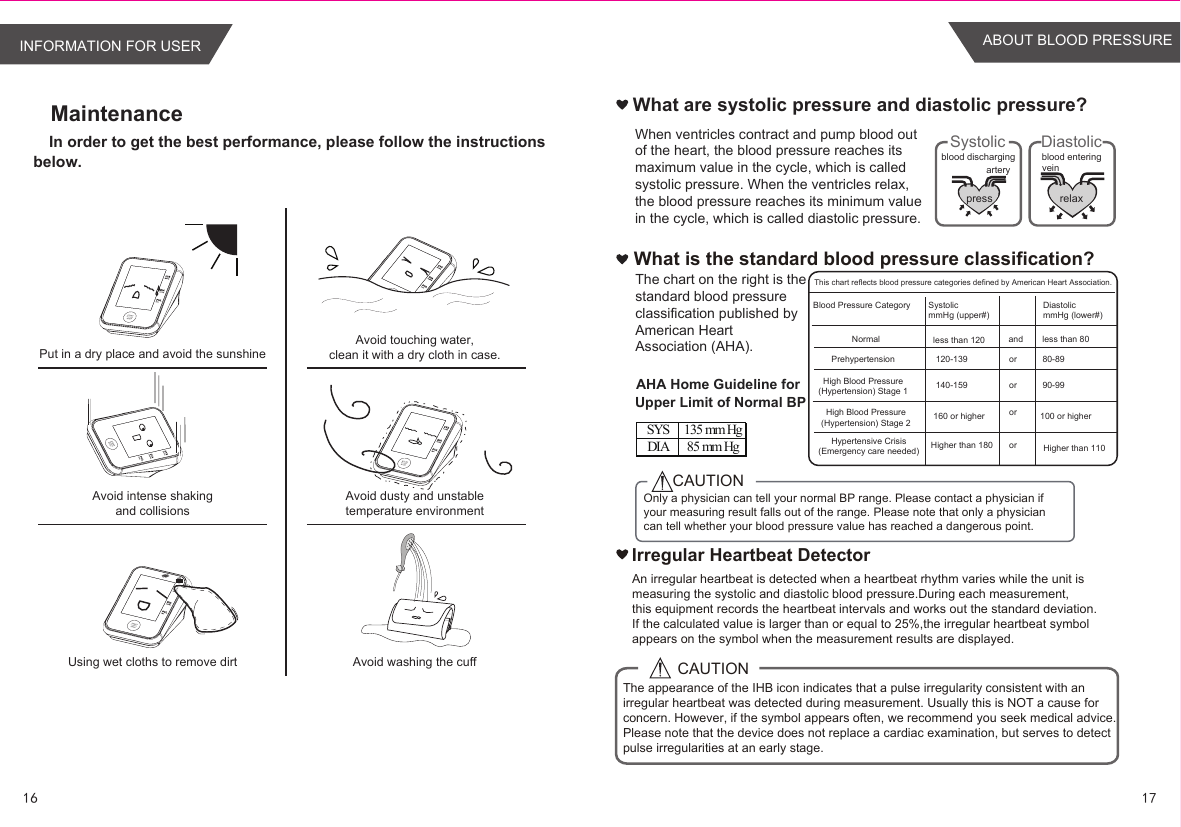 1716INFORMATION FOR USERMaintenanceIn order to get the best performance, please follow the instructions below.Put in a dry place and avoid the sunshineAvoid intense shakingand collisionsUsing wet cloths to remove dirtAvoid touching water,clean it with a dry cloth in case.Avoid dusty and unstabletemperature environmentAvoid washing the cuffWhat are systolic pressure and diastolic pressure? pressartery veinblood dischargingSystolicrelaxblood enteringDiastolic  When ventricles contract and pump blood out of the heart, the blood pressure reaches its maximum value in the cycle, which is called systolic pressure. When the ventricles relax, the blood pressure reaches its minimum value in the cycle, which is called diastolic pressure.What is the standard blood pressure classification?Irregular Heartbeat DetectorCAUTIONThe appearance of the IHB icon indicates that a pulse irregularity consistent with an irregular heartbeat was detected during measurement. Usually this is NOT a cause for concern. However, if the symbol appears often, we recommend you seek medical advice. Please note that the device does not replace a cardiac examination, but serves to detect pulse irregularities at an early stage.Only a physician can tell your normal BP range. Please contact a physician if your measuring result falls out of the range. Please note that only a physician can tell whether your blood pressure value has reached a dangerous point.The chart on the right is the standard blood pressure classification published by American Heart Association (AHA).CAUTIONBlood Pressure CategoryNormalPrehypertensionHigh Blood Pressure(Hypertension) Stage 1High Blood Pressure(Hypertension) Stage 2Hypertensive Crisis(Emergency care needed)SystolicmmHg (upper#)DiastolicmmHg (lower#)less than 120120-139140-159160 or higherHigher than 180andororororless than 8080-8990-99100 or higherHigher than 110This chart reflects blood pressure categories defined by American Heart Association.AHA Home Guideline for Upper Limit of Normal BPSYS 135 mm HgDIA 85 mm HgAn irregular heartbeat is detected when a heartbeat rhythm varies while the unit is measuring the systolic and diastolic blood pressure.During each measurement, this equipment records the heartbeat intervals and works out the standard deviation. If the calculated value is larger than or equal to 25%,the irregular heartbeat symbol appears on the symbol when the measurement results are displayed.ABOUT BLOOD PRESSURE