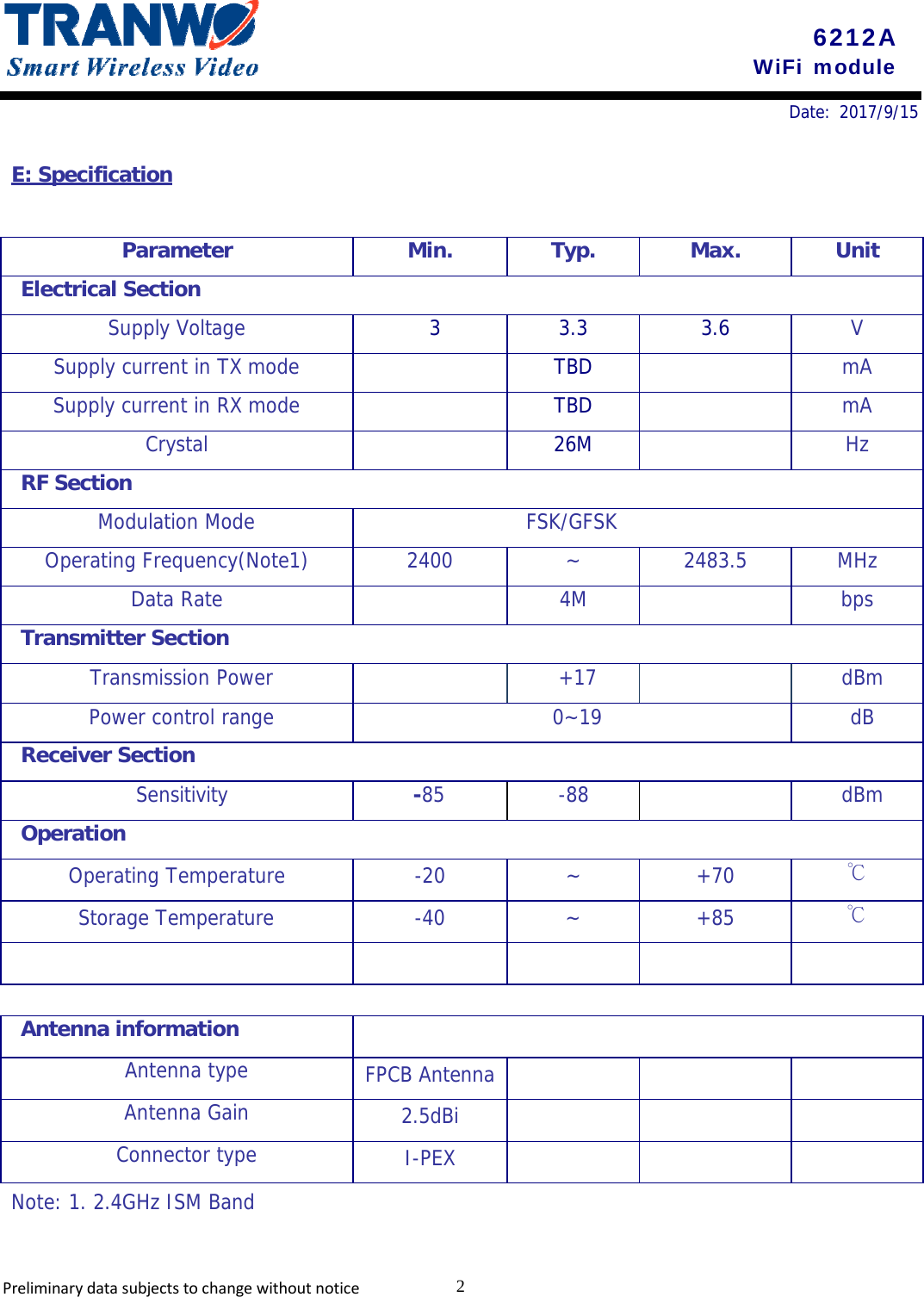 6212A WiFi module 2PreliminarydatasubjectstochangewithoutnoticeDate: 2017/9/15 E: Specification Parameter Min.Typ. Max. UnitElectrical Section Supply Voltage 33.33.6 VSupply current in TX mode TBD mASupply current in RX mode TBD mACrystal 26M HzRF Section Modulation Mode FSK/GFSKOperating Frequency(Note1) 2400 ~ 2483.5 MHzData Rate 4M bpsTransmitter SectionTransmission Power +17 dBm Power control range 0~19 dB Receiver Section Sensitivity -85 -88 dBm Operation Operating Temperature -20 ~ +70 ℃ Storage Temperature -40 ~ +85 ℃      Antenna information   Antenna type  FPCB Antenna      Antenna Gain  2.5dBi      Connector type  I-PEX      Note: 1. 2.4GHz ISM Band 