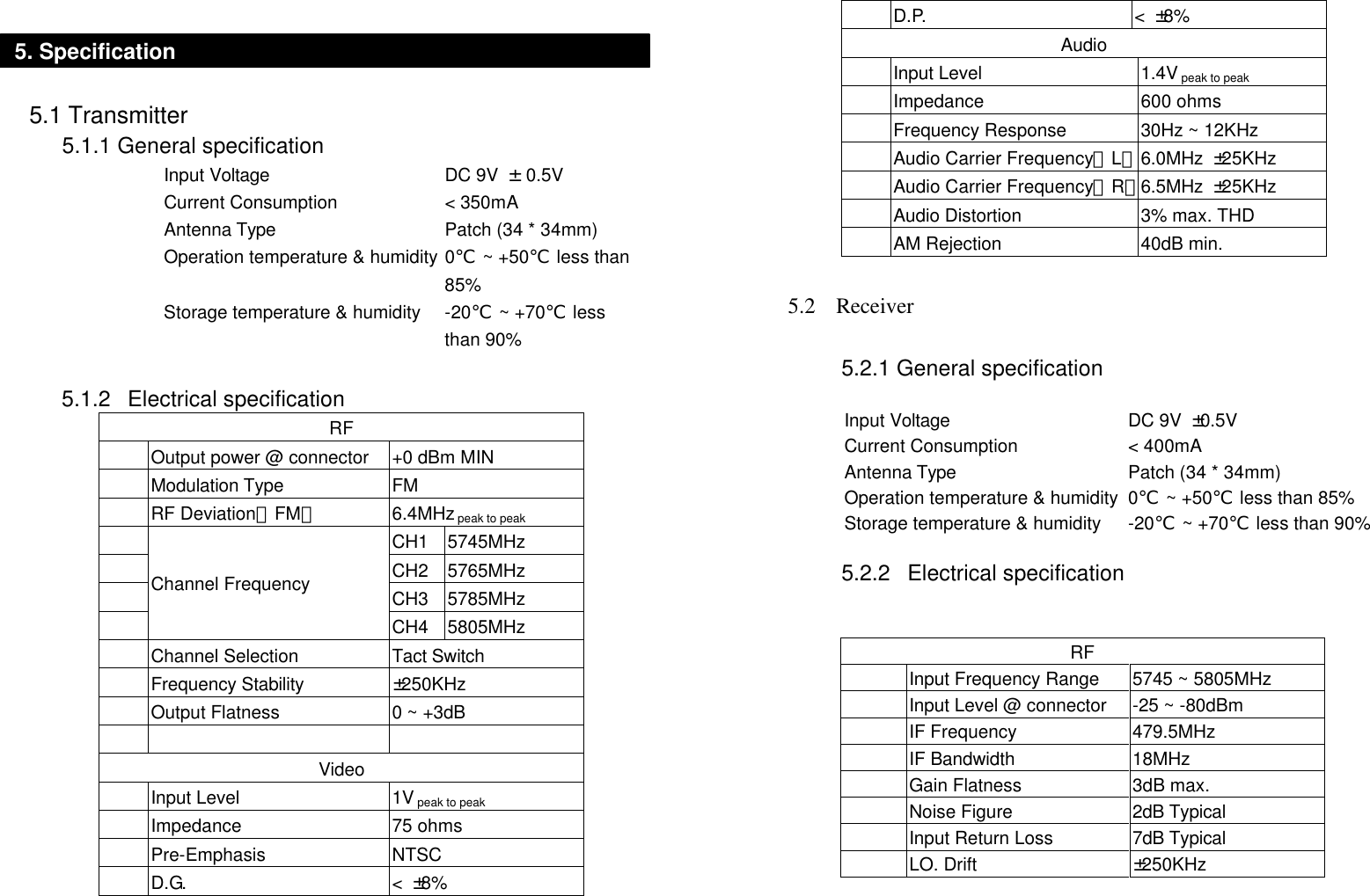    5.1 Transmitter 5.1.1 General specification Input Voltage DC 9V  ± 0.5V Current Consumption   &lt; 350mA Antenna Type Patch (34 * 34mm) Operation temperature &amp; humidity 0℃ ~ +50℃ less than 85% Storage temperature &amp; humidity -20℃ ~ +70℃ less than 90%  5.1.2 Electrical specification RF  Output power @ connector +0 dBm MIN  Modulation Type FM  RF Deviation（FM） 6.4MHz peak to peak  CH1 5745MHz  CH2 5765MHz  CH3 5785MHz  Channel Frequency CH4 5805MHz  Channel Selection Tact Switch  Frequency Stability ±250KHz  Output Flatness 0 ~ +3dB      Video  Input Level 1V peak to peak  Impedance 75 ohms  Pre-Emphasis NTSC  D.G. &lt;  ±8%  D.P. &lt;  ±8% Audio  Input Level 1.4V peak to peak  Impedance 600 ohms  Frequency Response 30Hz ~ 12KHz  Audio Carrier Frequency（L） 6.0MHz  ±25KHz  Audio Carrier Frequency（R） 6.5MHz  ±25KHz  Audio Distortion 3% max. THD  AM Rejection 40dB min.  5.2  Receiver    5.2.1 General specification    Input Voltage DC 9V  ±0.5V Current Consumption   &lt; 400mA Antenna Type Patch (34 * 34mm) Operation temperature &amp; humidity 0℃ ~ +50℃ less than 85% Storage temperature &amp; humidity -20℃ ~ +70℃ less than 90%  5.2.2 Electrical specification   RF  Input Frequency Range 5745 ~ 5805MHz  Input Level @ connector -25 ~ -80dBm  IF Frequency 479.5MHz  IF Bandwidth 18MHz  Gain Flatness 3dB max.  Noise Figure 2dB Typical  Input Return Loss 7dB Typical  LO. Drift ±250KHz 5. Specification 