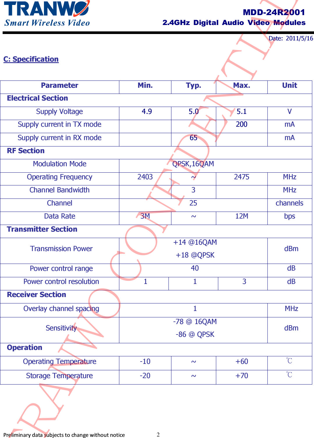                                Date:  2011/5/16     Preliminary data subjects to change without notice  2 MDD-24R2001 2.4GHz  Digital Audio  Video  Modules C: Specification   Parameter Min. Typ. Max. Unit Electrical Section Supply Voltage    4.9  5.0  5.1  V Supply current in TX mode     200  mA Supply current in RX mode   65    mA RF Section Modulation Mode  QPSK,16QAM   Operating Frequency  2403  ~  2475  MHz Channel Bandwidth    3    MHz Channel  25  channels Data Rate  3M  ~  12M  bps Transmitter Section Transmission Power +14 @16QAM +18 @QPSK  dBm Power control range 40  dB Power control resolution  1  1  3  dB Receiver Section Overlay channel spacing  1  MHz Sensitivity  -78 @ 16QAM -86 @ QPSK dBm Operation Operating Temperature  -10  ~  +60  ℃ Storage Temperature  -20  ~  +70  ℃  TRANWO CONFIDENTIAL