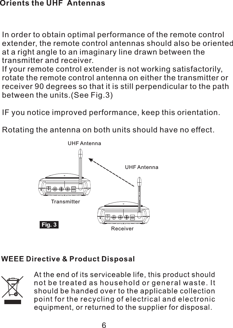 6Orients the UHF  AntennasIn order to obtain optimal performance of the remote controlextender, the remote control antennas should also be orientedat a right angle to an imaginary line drawn between thetransmitter and receiver. If your remote control extender is not working satisfactorily, rotate the remote control antenna on either the transmitter orreceiver 90 degrees so that it is still perpendicular to the pathbetween the units.(See Fig.3)IF you notice improved performance, keep this orientation.Rotating the antenna on both units should have no effect.ReceiverFig. 3TransmitterUHF AntennaUHF Antenna