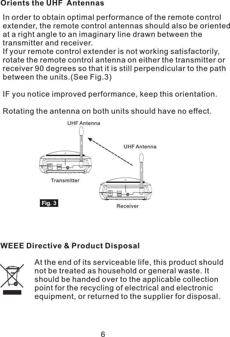 6Orients the UHF  AntennasIn order to obtain optimal performance of the remote controlextender, the remote control antennas should also be orientedat a right angle to an imaginary line drawn between thetransmitter and receiver. If your remote control extender is not working satisfactorily, rotate the remote control antenna on either the transmitter orreceiver 90 degrees so that it is still perpendicular to the pathbetween the units.(See Fig.3)IF you notice improved performance, keep this orientation.Rotating the antenna on both units should have no effect.ReceiverFig. 3TransmitterUHF AntennaUHF AntennaWEEE Directive &amp; Product DisposalAt the end of its serviceable life, this product shouldnot be treated as household or general waste. Itshould be handed over to the applicable collectionpoint for the recycling of electrical and electronic equipment, or returned to the supplier for disposal.