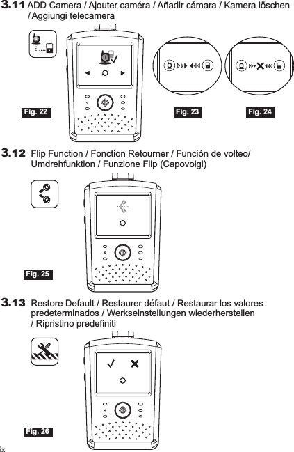 3.12 Flip Function / Fonction Retourner / Función de volteo/ Umdrehfunktion / Funzione Flip (Capovolgi)Fig. 253.13 Restore Default /  / / / Restaurer défaut  Restaurar los valores predeterminados  Werkseinstellungen wiederherstellenRipristino predefinitiFig. 263.11  ADD Camera / Ajouter caméra / Añadir cámara / Kamera löschen  / Aggiungi telecameraFig. 22 Fig. 24Fig. 23