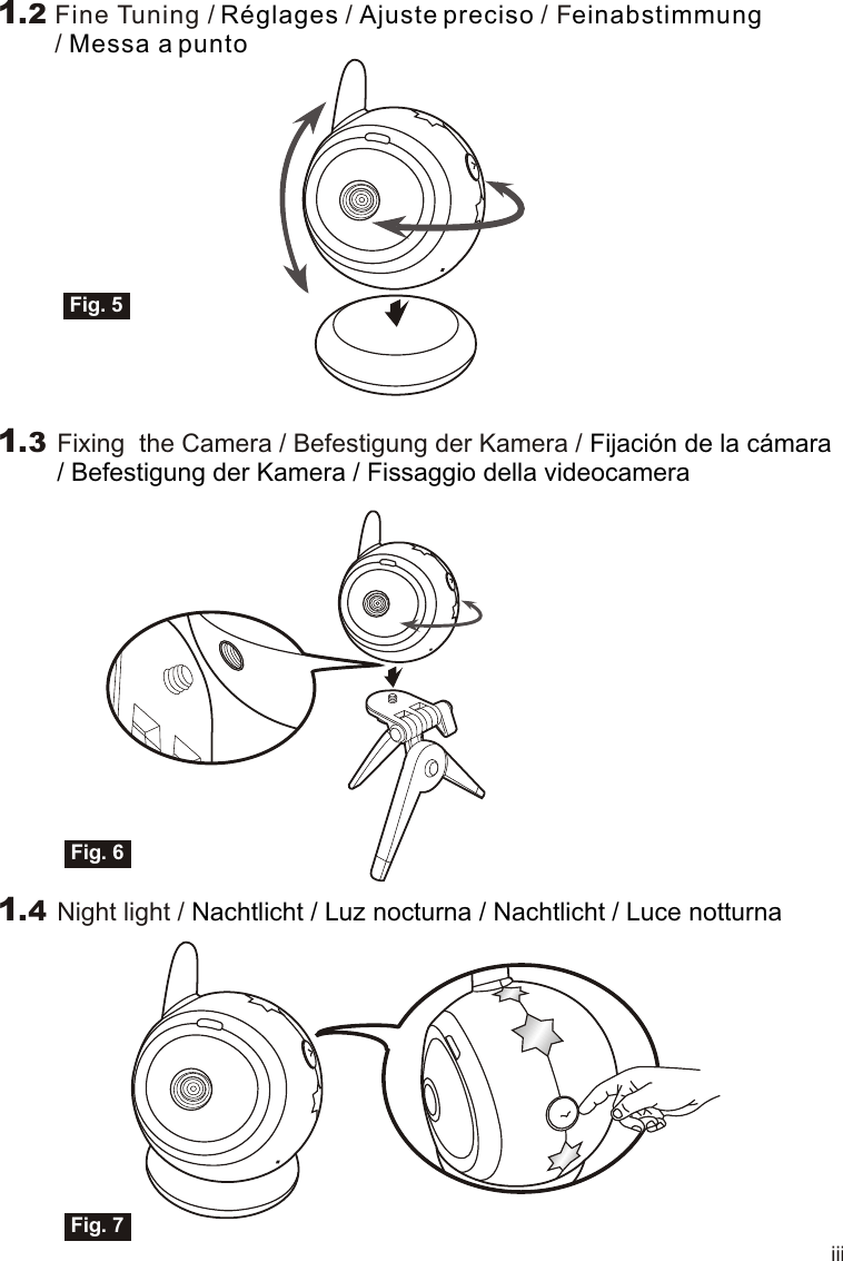 1.2Fig. 5Fig. 7iiiFine Tuning /  /  / F/ Réglages Ajuste preciso  einabstimmungMessa a punto1.3Fixing  the Camera / Befestigung der Kamera / Fijación de la cámara/ Befestigung der Kamera / Fissaggio della videocamera1.4 Night light / Nachtlicht / Luz nocturna / Nachtlicht / Luce notturnaFig. 611.1VOX