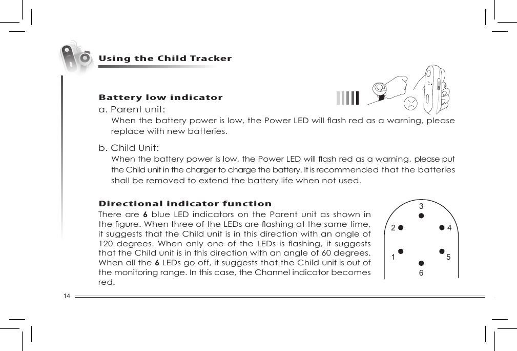 14Using the Child Trackera. Parent unit:Whenthebatterypowerislow,thePowerLEDwillashredasawarning,pleasereplace with new batteries.b. Child Unit:Whenthebatterypowerislow,thePowerLEDwillashredasawarning,pleaseputthe Child unit in the charger to charge the battery. It is recommended that the batteries shall be removed to extend the battery life when not used. Battery low indicatorDirectional indicator functionThere are 6  blue  LED  indicators  on  the  Parent  unit  as  shown in thegure.WhenthreeoftheLEDsareashingatthesametime,it suggests that the Child unit is in this direction with an angle of 120 degrees. When only one of the LEDs is ashing, it suggeststhat the Child unit is in this direction with an angle of 60 degrees. When all the 6 LEDs go off, it suggests that the Child unit is out of the monitoring range. In this case, the Channel indicator becomes red.1 52 436