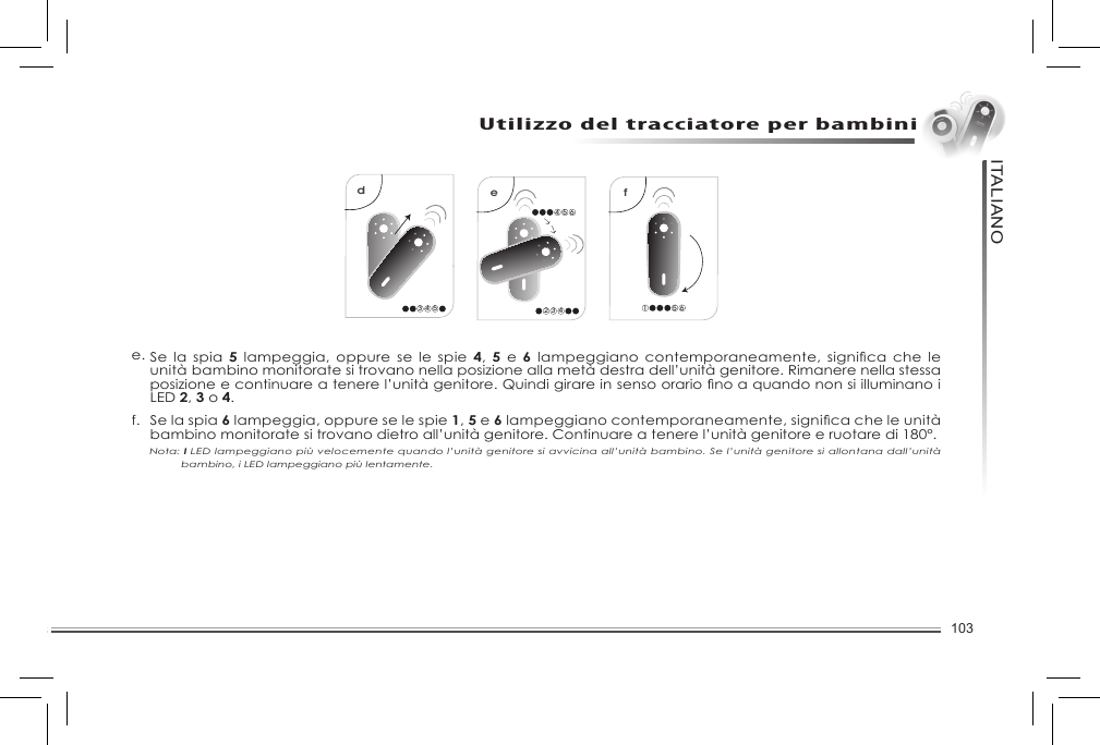 103ITALIANOUtilizzo del tracciatore per bambinia1 2 62 3 4c2 3 4e32 44 5 6b21 3d3 4 5f1 5 6Nota: I LED lampeggiano più velocemente quando l’unità genitore si avvicina all’unità bambino. Se l’unità genitore si allontana dall’unità bambino, i LED lampeggiano più lentamente.    Se la spia 5  lampeggia, oppure  se le spie 4,  5 e 6lampeggianocontemporaneamente, signicache leunità bambino monitorate si trovano nella posizione alla metà destra dell’unità genitore. Rimanere nella stessa posizioneecontinuareatenerel’unitàgenitore.QuindigirareinsensoorarionoaquandononsiilluminanoiLED 2, 3 o 4. Se la spia 6 lampeggia, oppure se le spie 1, 5 e 6 lampeggianocontemporaneamente,signicacheleunitàbambino monitorate si trovano dietro all’unità genitore. Continuare a tenere l’unità genitore e ruotare di 180°.e.f.