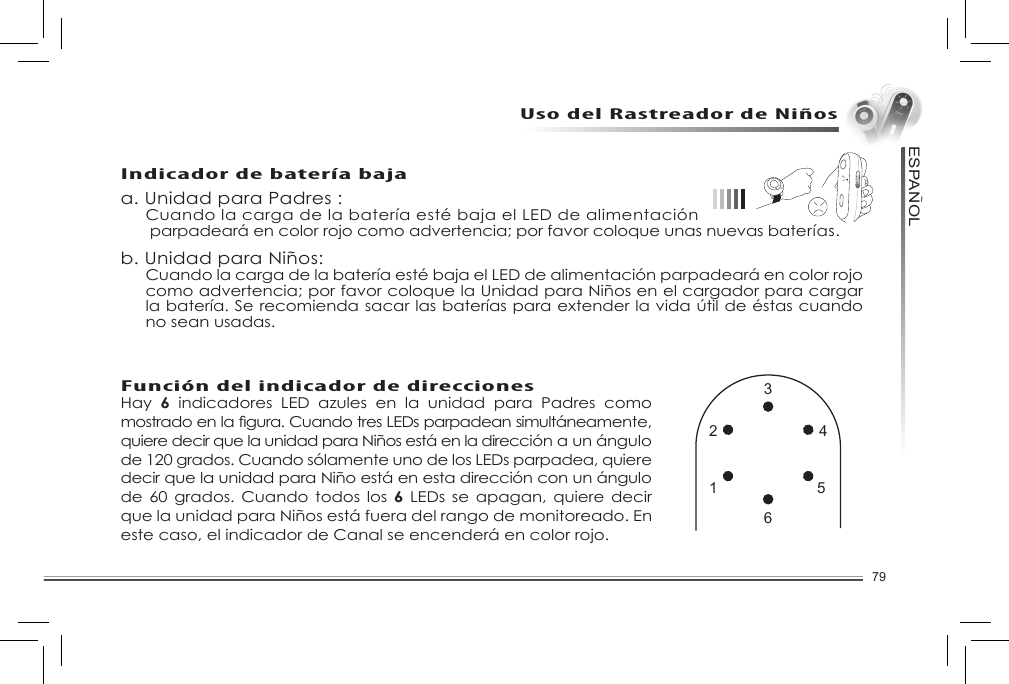 79ESPANOL~Uso del Rastreador de Niñosa. Unidad para Padres :  Cuando la carga de la batería esté baja el LED de alimentación   parpadeará en color rojo como advertencia; por favor coloque unas nuevas baterías.b. Unidad para Niños:Cuando la carga de la batería esté baja el LED de alimentación parpadeará en color rojo como advertencia; por favor coloque la Unidad para Niños en el cargador para cargar la batería. Se recomienda sacar las baterías para extender la vida útil de éstas cuando no sean usadas. Indicador de batería bajaFunción del indicador de direccionesHay  6  indicadores  LED  azules  en  la  unidad  para  Padres  como mostradoenlagura.CuandotresLEDsparpadeansimultáneamente,quiere decir que la unidad para Niños está en la dirección a un ángulo de 120 grados. Cuando sólamente uno de los LEDs parpadea, quiere decir que la unidad para Niño está en esta dirección con un ángulo de 60 grados.  Cuando todos los 6 LEDs se apagan,  quiere decir que la unidad para Niños está fuera del rango de monitoreado. En este caso, el indicador de Canal se encenderá en color rojo.1 52 436