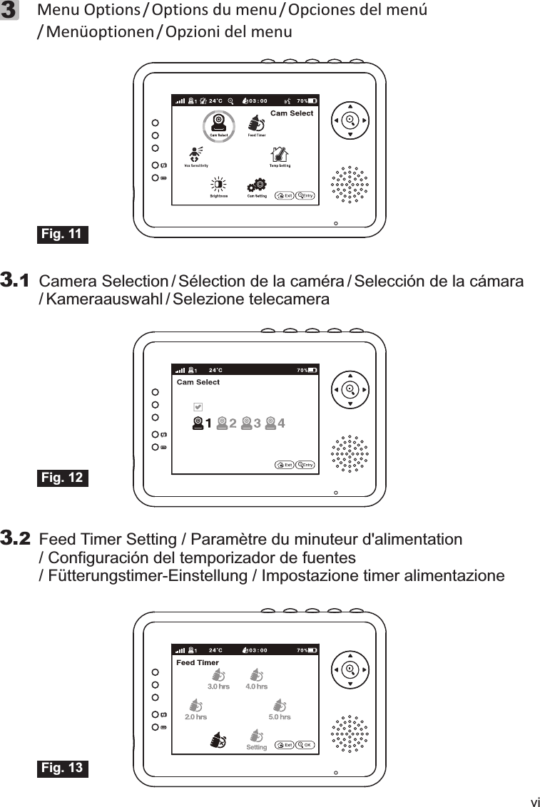 vi3Menu Options / Options du menu / Opciones del menú/ Menüoptionen / Opzioni del menu 3.2 Feed Timer Setting / Paramètre du minuteur d&apos;alimentation / Configuración del temporizador de fuentes / Fütterungstimer-Einstellung / Impostazione timer alimentazioneFig. 133.1 Camera Selection / Sélection de la caméra / Selección de la cámara/ Kameraauswahl / Selezione telecameraFig. 12Fig. 11