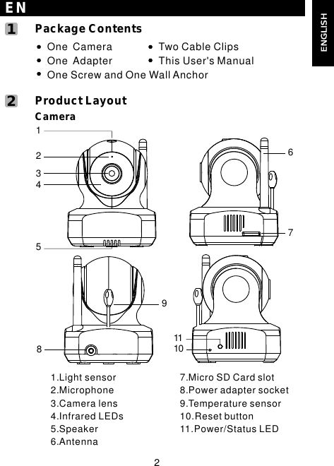 2     Product Layout1.Light sensor2.Microphone3.Camera lens4.Infrared LEDs5.Speaker6.AntennaCamera7.Micro SD Card slot8.Power adapter socket9.Temperature sensor10.Reset button11.Power/Status LED     Package Contents  One Camera  One Adapter  One Screw and One Wall AnchorENENGLISH12  This User&apos;s Manual  Two Cable Clips6789123451011