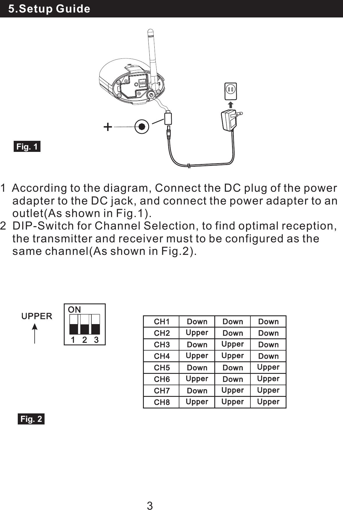 2.Package Contents1 According to the diagram, Connect the DC plug of the poweradapter to the DC jack, and connect the power adapter to anoutlet(As shown in Fig.1).2 DIP-Switch for Channel Selection, to find optimal reception,the transmitter and receiver must to be configured as thesame channel(As shown in Fig.2).35.Setup Guide+123123ONUPPER DownCH1 Down DownCH2CH3CH4CH5CH6CH7CH8Down DownUpperDownUpper DownUpper Upper DownUpperUpperUpperUpperDownDownUpper DownDown UpperUpper UpperFig. 2Fig. 1