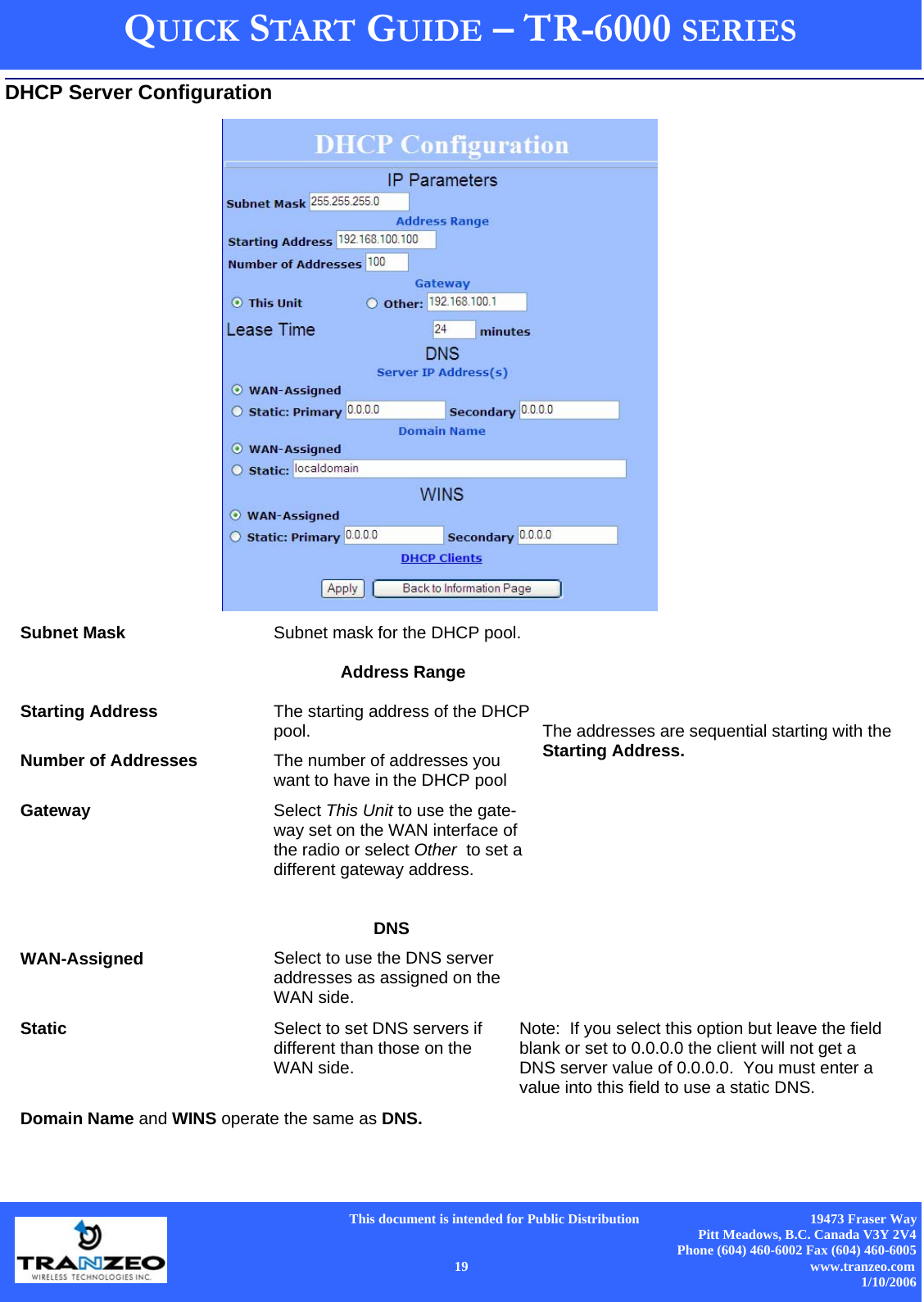      This document is intended for Public Distribution                                                  19473 Fraser Way Pitt Meadows, B.C. Canada V3Y 2V4 Phone (604) 460-6002 Fax (604) 460-6005    19                          www.tranzeo.com 1/10/2006 QUICK START GUIDE – TR-6000 SERIES DHCP Server Configuration    Subnet Mask  Subnet mask for the DHCP pool.    Address Range   Starting Address  The starting address of the DHCP pool.    The addresses are sequential starting with the Starting Address. Number of Addresses  The number of addresses you want to have in the DHCP pool Gateway  Select This Unit to use the gate-way set on the WAN interface of the radio or select Other  to set a different gateway address.   DNS   WAN-Assigned  Select to use the DNS server addresses as assigned on the WAN side.  Static  Select to set DNS servers if different than those on the WAN side.   Note:  If you select this option but leave the field blank or set to 0.0.0.0 the client will not get a DNS server value of 0.0.0.0.  You must enter a value into this field to use a static DNS.     Domain Name and WINS operate the same as DNS. 