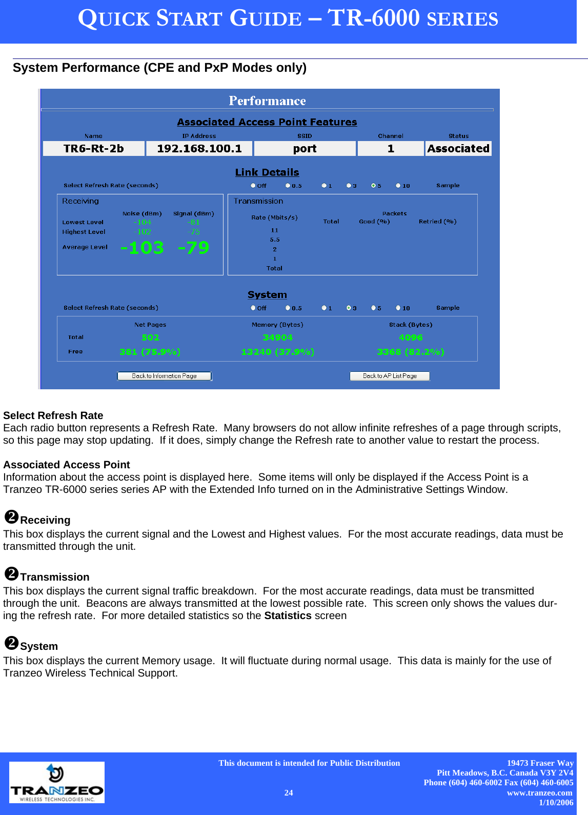      This document is intended for Public Distribution                                                  19473 Fraser Way Pitt Meadows, B.C. Canada V3Y 2V4 Phone (604) 460-6002 Fax (604) 460-6005    24                          www.tranzeo.com 1/10/2006 QUICK START GUIDE – TR-6000 SERIES                    Select Refresh Rate Each radio button represents a Refresh Rate.  Many browsers do not allow infinite refreshes of a page through scripts, so this page may stop updating.  If it does, simply change the Refresh rate to another value to restart the process.  Associated Access Point Information about the access point is displayed here.  Some items will only be displayed if the Access Point is a Tranzeo TR-6000 series series AP with the Extended Info turned on in the Administrative Settings Window.  Receiving This box displays the current signal and the Lowest and Highest values.  For the most accurate readings, data must be transmitted through the unit.  Transmission This box displays the current signal traffic breakdown.  For the most accurate readings, data must be transmitted through the unit.  Beacons are always transmitted at the lowest possible rate.  This screen only shows the values dur-ing the refresh rate.  For more detailed statistics so the Statistics screen  System This box displays the current Memory usage.  It will fluctuate during normal usage.  This data is mainly for the use of Tranzeo Wireless Technical Support. System Performance (CPE and PxP Modes only) 