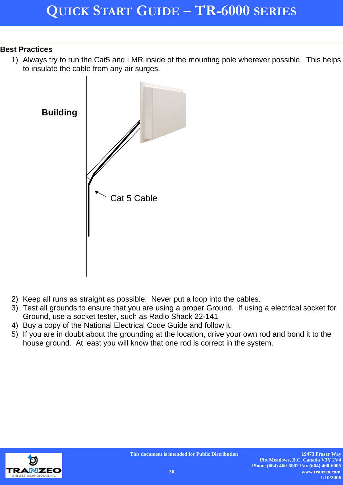      This document is intended for Public Distribution                                                  19473 Fraser Way Pitt Meadows, B.C. Canada V3Y 2V4 Phone (604) 460-6002 Fax (604) 460-6005    30                          www.tranzeo.com 1/10/2006 QUICK START GUIDE – TR-6000 SERIES   Best Practices 1)  Always try to run the Cat5 and LMR inside of the mounting pole wherever possible.  This helps to insulate the cable from any air surges.                        2)  Keep all runs as straight as possible.  Never put a loop into the cables. 3)  Test all grounds to ensure that you are using a proper Ground.  If using a electrical socket for Ground, use a socket tester, such as Radio Shack 22-141 4)  Buy a copy of the National Electrical Code Guide and follow it.   5)  If you are in doubt about the grounding at the location, drive your own rod and bond it to the house ground.  At least you will know that one rod is correct in the system. Cat 5 Cable Building 
