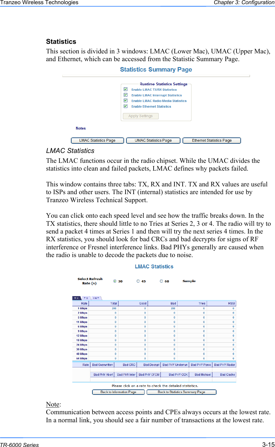  151515 This document is intended for Public Distribution                         19473 Fraser Way, Pitt Meadows, B.C. Canada V3Y  2V4 Chapter 3: Configuration 3-15 TR-6000 Series Tranzeo Wireless Technologies Statistics This section is divided in 3 windows: LMAC (Lower Mac), UMAC (Upper Mac), and Ethernet, which can be accessed from the Statistic Summary Page.      LMAC Statistics The LMAC functions occur in the radio chipset. While the UMAC divides the statistics into clean and failed packets, LMAC defines why packets failed.   This window contains three tabs: TX, RX and INT. TX and RX values are useful to ISPs and other users. The INT (internal) statistics are intended for use by Tranzeo Wireless Technical Support.  You can click onto each speed level and see how the traffic breaks down. In the TX statistics, there should little to no Tries at Series 2, 3 or 4. The radio will try to send a packet 4 times at Series 1 and then will try the next series 4 times. In the RX statistics, you should look for bad CRCs and bad decrypts for signs of RF interference or Fresnel interference links. Bad PHYs generally are caused when the radio is unable to decode the packets due to noise.                   Note:  Communication between access points and CPEs always occurs at the lowest rate. In a normal link, you should see a fair number of transactions at the lowest rate. 