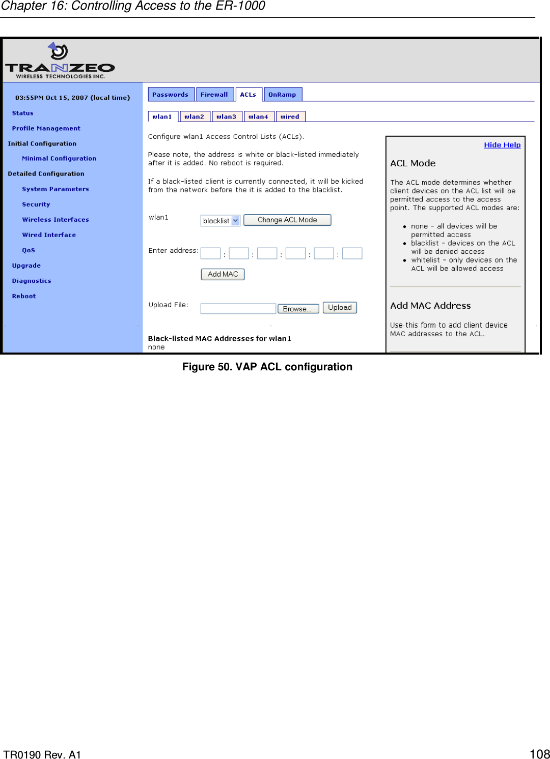 Chapter 16: Controlling Access to the ER-1000  TR0190 Rev. A1    108  Figure 50. VAP ACL configuration 