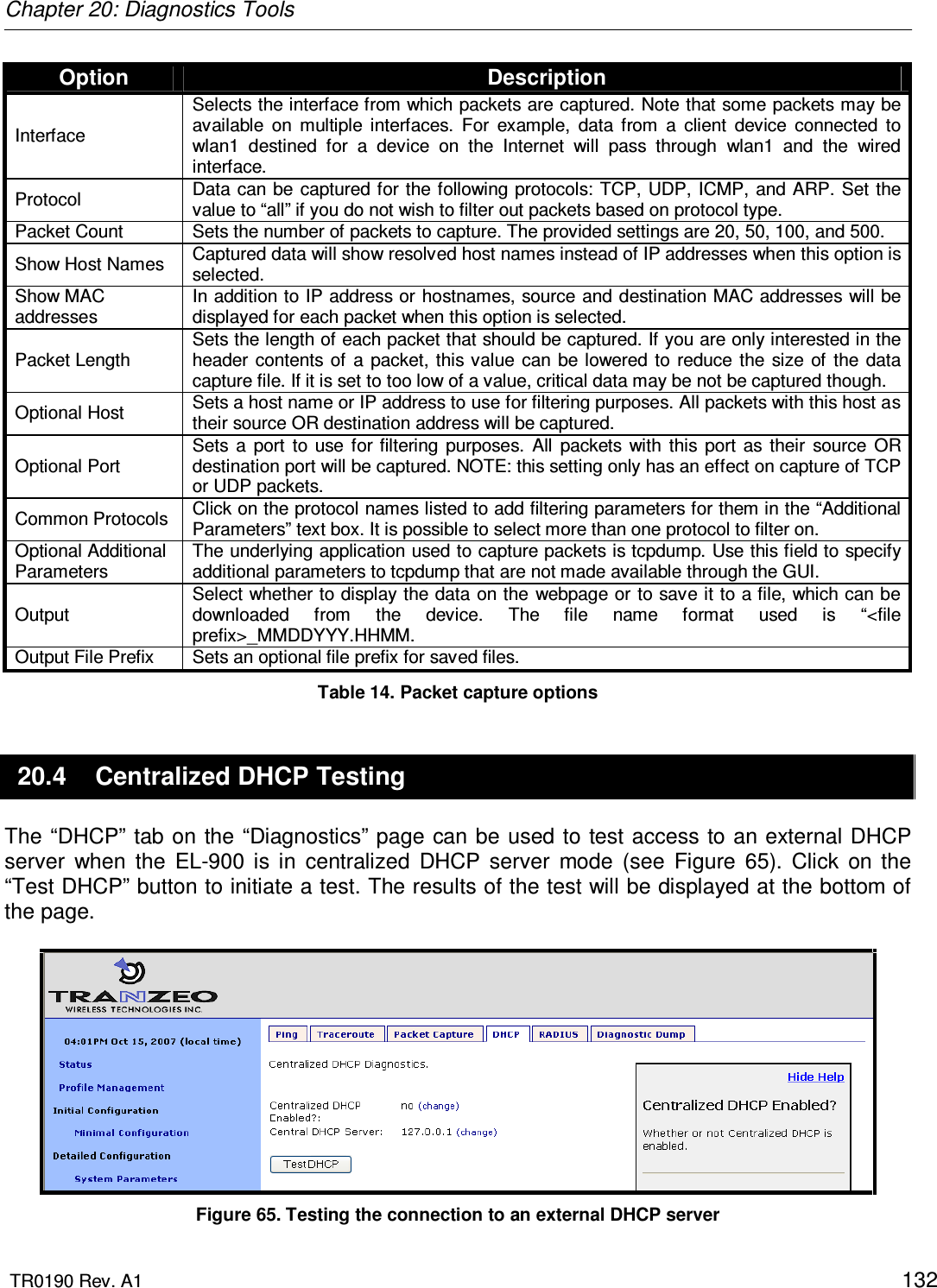 Chapter 20: Diagnostics Tools  TR0190 Rev. A1    132 Option  Description Interface Selects the interface from which packets are captured. Note that some packets may be available  on  multiple  interfaces.  For  example,  data  from  a  client  device  connected  to wlan1  destined  for  a  device  on  the  Internet  will  pass  through  wlan1  and  the  wired interface. Protocol  Data can be  captured for the following protocols: TCP,  UDP, ICMP, and ARP. Set  the value to “all” if you do not wish to filter out packets based on protocol type. Packet Count  Sets the number of packets to capture. The provided settings are 20, 50, 100, and 500. Show Host Names  Captured data will show resolved host names instead of IP addresses when this option is selected.  Show MAC addresses In addition to IP address or hostnames, source and destination MAC addresses will be displayed for each packet when this option is selected. Packet Length Sets the length of each packet that should be captured. If you are only interested in the header contents of  a packet, this value  can be lowered to reduce the  size of  the  data capture file. If it is set to too low of a value, critical data may be not be captured though. Optional Host  Sets a host name or IP address to use for filtering purposes. All packets with this host as their source OR destination address will be captured. Optional Port Sets  a  port  to  use  for filtering  purposes.  All  packets  with  this  port  as  their  source  OR destination port will be captured. NOTE: this setting only has an effect on capture of TCP or UDP packets. Common Protocols  Click on the protocol names listed to add filtering parameters for them in the “Additional Parameters” text box. It is possible to select more than one protocol to filter on. Optional Additional Parameters The underlying application used to capture packets is tcpdump. Use this field to specify additional parameters to tcpdump that are not made available through the GUI.  Output Select whether to display the data on the webpage or to save it to a file, which can be downloaded  from  the  device.  The  file  name  format  used  is  “&lt;file prefix&gt;_MMDDYYY.HHMM. Output File Prefix  Sets an optional file prefix for saved files. Table 14. Packet capture options 20.4  Centralized DHCP Testing The “DHCP” tab on the “Diagnostics” page can be used to test access to an external DHCP server  when  the  EL-900  is  in  centralized  DHCP  server  mode  (see  Figure  65).  Click  on  the “Test DHCP” button to initiate a test. The results of the test will be displayed at the bottom of the page.   Figure 65. Testing the connection to an external DHCP server 