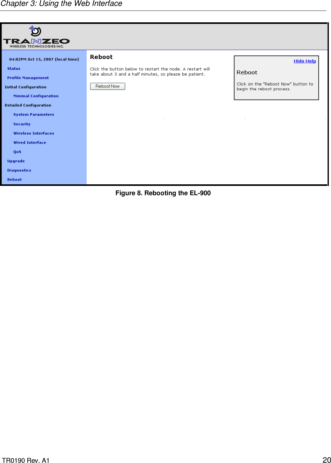 Chapter 3: Using the Web Interface  TR0190 Rev. A1    20  Figure 8. Rebooting the EL-900 