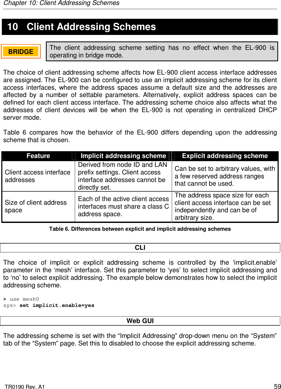 Chapter 10: Client Addressing Schemes  TR0190 Rev. A1    59 10  Client Addressing Schemes The  client  addressing  scheme  setting  has  no  effect  when  the  EL-900  is operating in bridge mode.   The choice of client addressing scheme affects how EL-900 client access interface addresses are assigned. The EL-900 can be configured to use an implicit addressing scheme for its client access  interfaces,  where  the  address  spaces  assume  a  default  size  and  the  addresses  are affected  by  a  number  of  settable  parameters.  Alternatively,  explicit  address  spaces  can  be defined for each client access interface. The addressing scheme choice also affects what the addresses  of  client  devices  will  be  when  the  EL-900  is  not  operating  in  centralized  DHCP server mode.   Table  6  compares  how  the  behavior  of  the  EL-900  differs  depending  upon  the  addressing scheme that is chosen.  Feature  Implicit addressing scheme  Explicit addressing scheme Client access interface addresses Derived from node ID and LAN prefix settings. Client access interface addresses cannot be directly set. Can be set to arbitrary values, with a few reserved address ranges that cannot be used. Size of client address space Each of the active client access interfaces must share a class C address space. The address space size for each client access interface can be set independently and can be of arbitrary size. Table 6. Differences between explicit and implicit addressing schemes  CLI The  choice  of  implicit  or  explicit  addressing  scheme  is  controlled  by  the  ‘implicit.enable’ parameter in the ‘mesh’ interface. Set this parameter to ‘yes’ to select implicit addressing and to ‘no’ to select explicit addressing. The example below demonstrates how to select the implicit addressing scheme.  &gt; use mesh0 sys&gt; set implicit.enable=yes  Web GUI The addressing scheme is set with the “Implicit Addressing” drop-down menu on the “System” tab of the “System” page. Set this to disabled to choose the explicit addressing scheme.  BRIDGE   