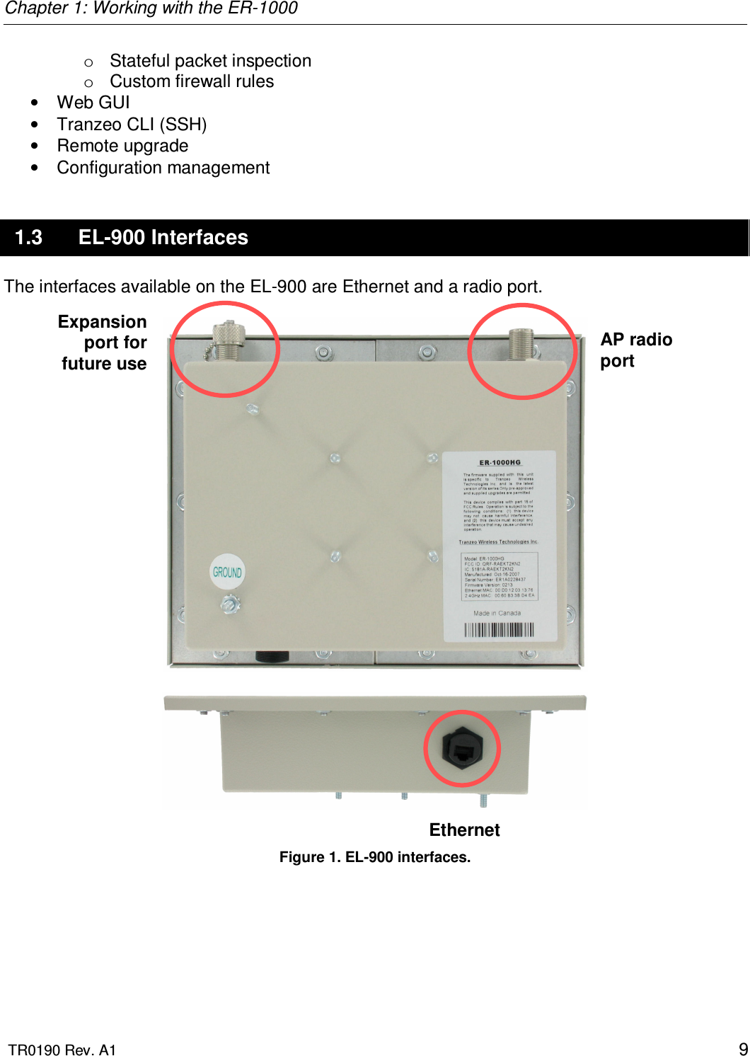 Chapter 1: Working with the ER-1000  TR0190 Rev. A1    9 o  Stateful packet inspection o  Custom firewall rules •  Web GUI  •  Tranzeo CLI (SSH) •  Remote upgrade •  Configuration management 1.3  EL-900 Interfaces The interfaces available on the EL-900 are Ethernet and a radio port.             Ethernet Figure 1. EL-900 interfaces. AP radio port Expansion port for future use 