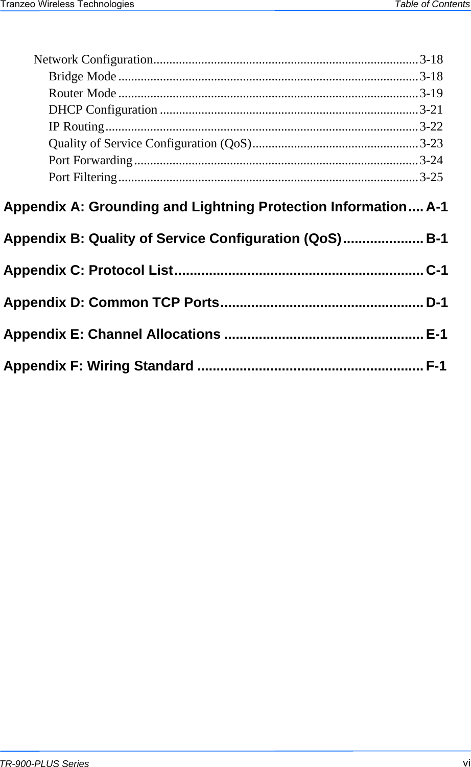  vivivi This document is intended for Public Distribution                         19473 Fraser Way, Pitt Meadows, B.C. Canada V3Y  2V4 Table of Contents  vi TR-900-PLUS Series Tranzeo Wireless Technologies Network Configuration...................................................................................3-18 Bridge Mode..............................................................................................3-18 Router Mode..............................................................................................3-19 DHCP Configuration .................................................................................3-21 IP Routing..................................................................................................3-22 Quality of Service Configuration (QoS)....................................................3-23 Port Forwarding.........................................................................................3-24 Port Filtering..............................................................................................3-25 Appendix A: Grounding and Lightning Protection Information.... A-1 Appendix B: Quality of Service Configuration (QoS).....................B-1 Appendix C: Protocol List.................................................................C-1 Appendix D: Common TCP Ports..................................................... D-1 Appendix E: Channel Allocations ....................................................E-1 Appendix F: Wiring Standard ...........................................................F-1   