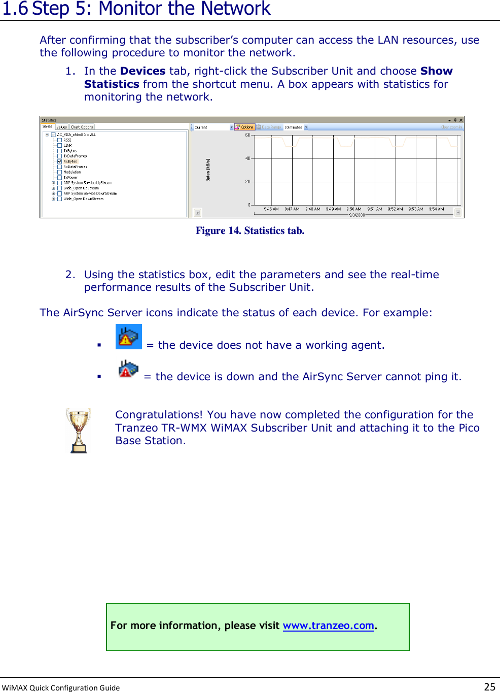  WiMAX Quick Configuration Guide   25    1.6 Step 5: Monitor the Network After confirming that the subscriber’s computer can access the LAN resources, use the following procedure to monitor the network. 1. In the Devices tab, right-click the Subscriber Unit and choose Show Statistics from the shortcut menu. A box appears with statistics for monitoring the network.    Figure 14. Statistics tab.  2. Using the statistics box, edit the parameters and see the real-time performance results of the Subscriber Unit. The AirSync Server icons indicate the status of each device. For example:   = the device does not have a working agent.  = the device is down and the AirSync Server cannot ping it.   Congratulations! You have now completed the configuration for the Tranzeo TR-WMX WiMAX Subscriber Unit and attaching it to the Pico Base Station.      For more information, please visit www.tranzeo.com.  