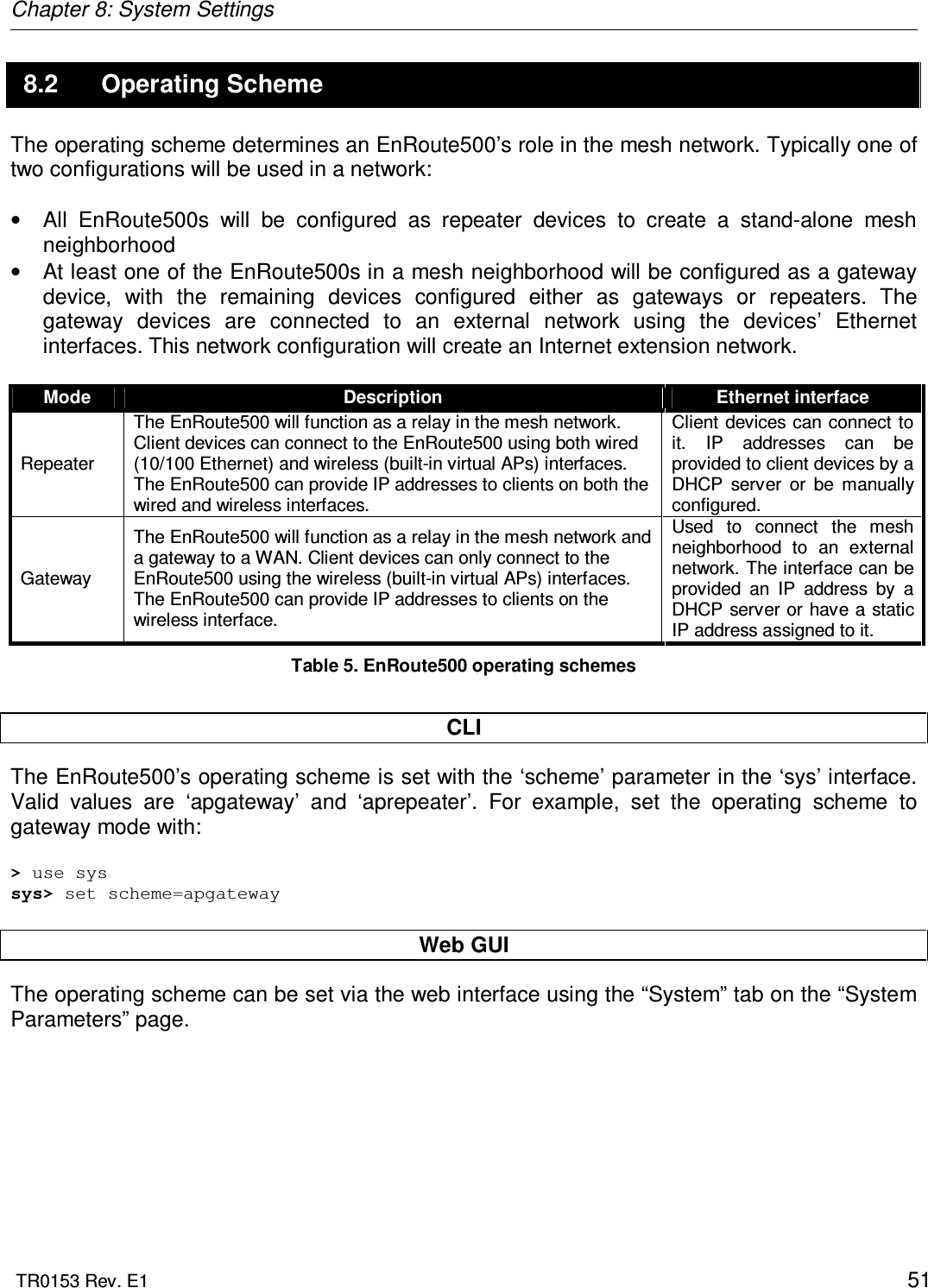 Chapter 8: System Settings  TR0153 Rev. E1    51 8.2  Operating Scheme The operating scheme determines an EnRoute500’s role in the mesh network. Typically one of two configurations will be used in a network:  •  All  EnRoute500s  will  be  configured  as  repeater  devices  to  create  a  stand-alone  mesh neighborhood •  At least one of the EnRoute500s in a mesh neighborhood will be configured as a gateway device,  with  the  remaining  devices  configured  either  as  gateways  or  repeaters.  The gateway  devices  are  connected  to  an  external  network  using  the  devices’  Ethernet interfaces. This network configuration will create an Internet extension network.  Mode  Description  Ethernet interface Repeater The EnRoute500 will function as a relay in the mesh network. Client devices can connect to the EnRoute500 using both wired (10/100 Ethernet) and wireless (built-in virtual APs) interfaces. The EnRoute500 can provide IP addresses to clients on both the wired and wireless interfaces. Client devices  can connect to it.  IP  addresses  can  be provided to client devices by a DHCP  server  or  be  manually configured. Gateway The EnRoute500 will function as a relay in the mesh network and a gateway to a WAN. Client devices can only connect to the EnRoute500 using the wireless (built-in virtual APs) interfaces. The EnRoute500 can provide IP addresses to clients on the wireless interface.  Used  to  connect  the  mesh neighborhood  to  an  external network. The interface can be provided  an  IP  address  by  a DHCP server or have a static IP address assigned to it. Table 5. EnRoute500 operating schemes  CLI The EnRoute500’s operating scheme is set with the ‘scheme’ parameter in the ‘sys’ interface. Valid  values  are  ‘apgateway’  and  ‘aprepeater’.  For  example,  set  the  operating  scheme  to gateway mode with:  &gt; use sys sys&gt; set scheme=apgateway  Web GUI The operating scheme can be set via the web interface using the “System” tab on the “System Parameters” page.   