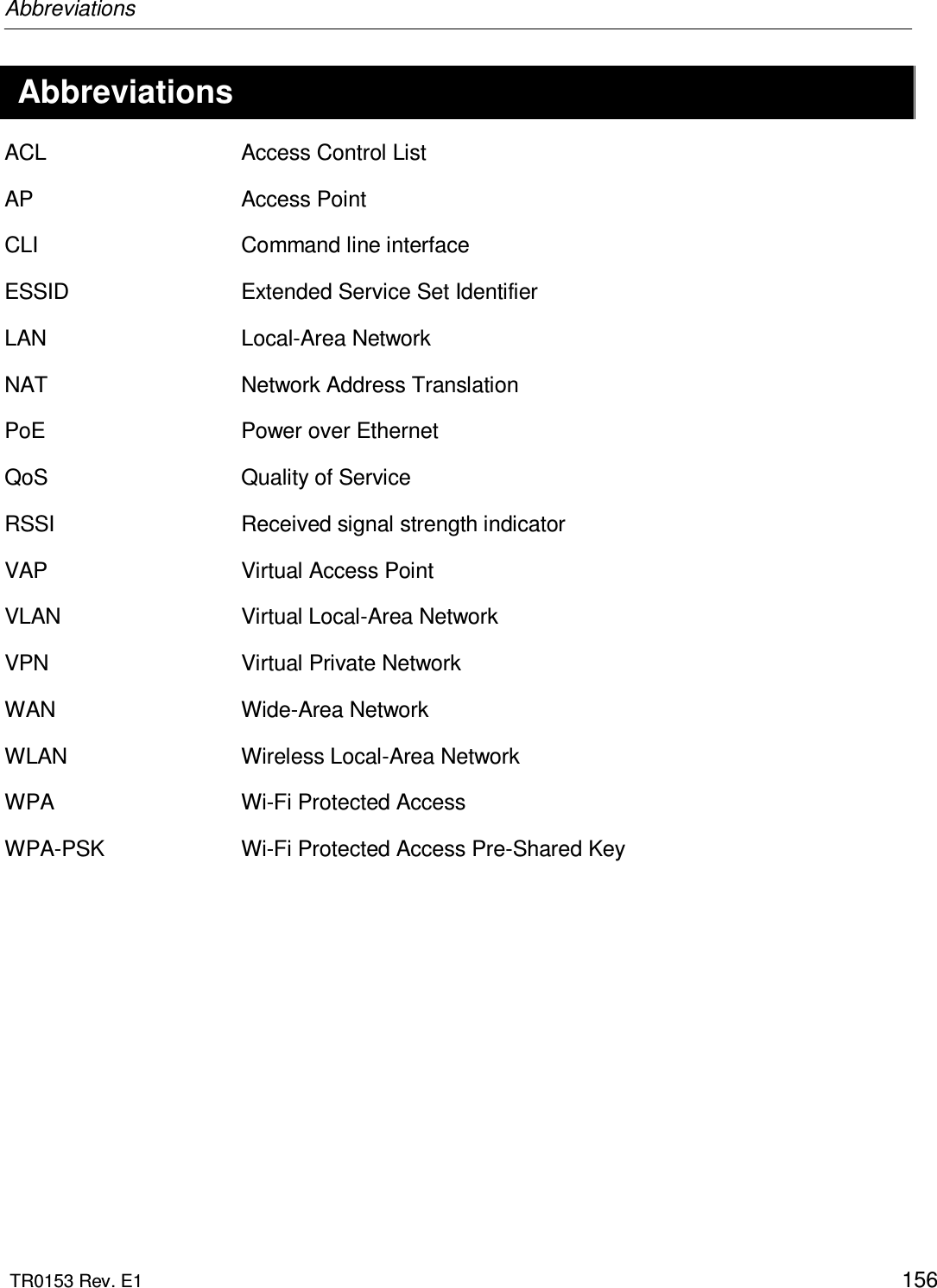 Abbreviations  TR0153 Rev. E1    156  Abbreviations ACL  Access Control List AP  Access Point CLI  Command line interface ESSID  Extended Service Set Identifier LAN  Local-Area Network NAT  Network Address Translation PoE  Power over Ethernet QoS  Quality of Service RSSI  Received signal strength indicator VAP  Virtual Access Point VLAN  Virtual Local-Area Network VPN  Virtual Private Network WAN  Wide-Area Network WLAN  Wireless Local-Area Network WPA  Wi-Fi Protected Access WPA-PSK  Wi-Fi Protected Access Pre-Shared Key   