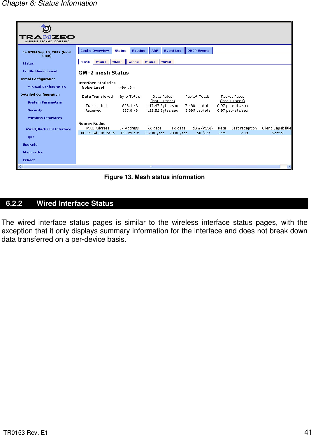 Chapter 6: Status Information  TR0153 Rev. E1    41  Figure 13. Mesh status information 6.2.2  Wired Interface Status The  wired  interface  status  pages  is  similar  to  the  wireless  interface  status  pages,  with  the exception that it only displays summary information for the interface and does not break down data transferred on a per-device basis.  