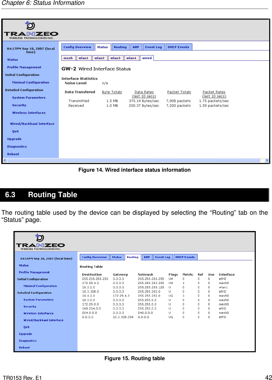 Chapter 6: Status Information  TR0153 Rev. E1    42  Figure 14. Wired interface status information 6.3  Routing Table The routing table used by the device can  be displayed  by selecting the “Routing” tab on the “Status” page.   Figure 15. Routing table 